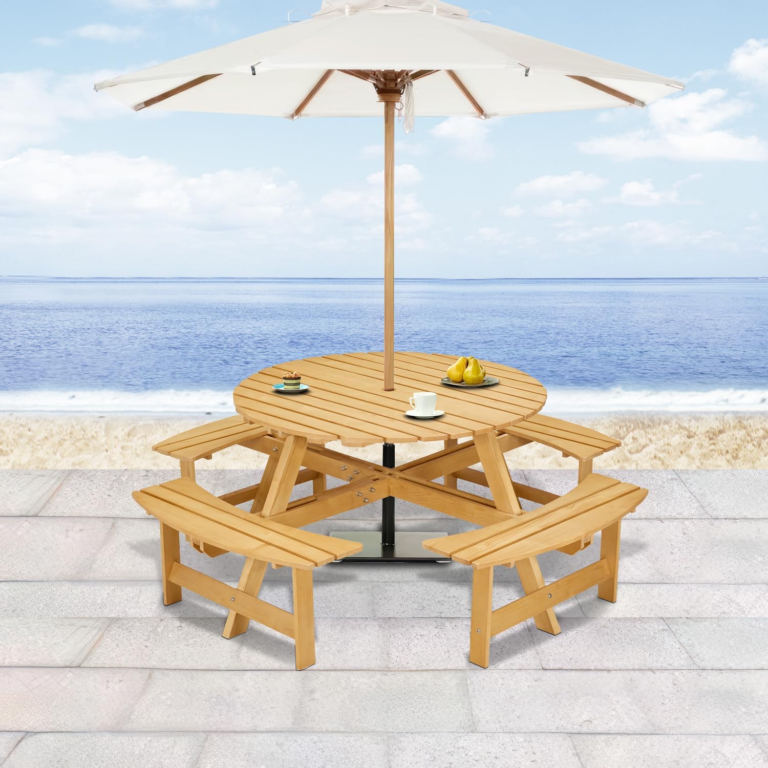 8 Person Picnic Table, Wood Outdoor Round Table and Bench Set with 4 Built-in Benches & Umbrella Hole for Garden, Backyard, Porch & Patio, 500lbs Capacity Per Bench (Natural)