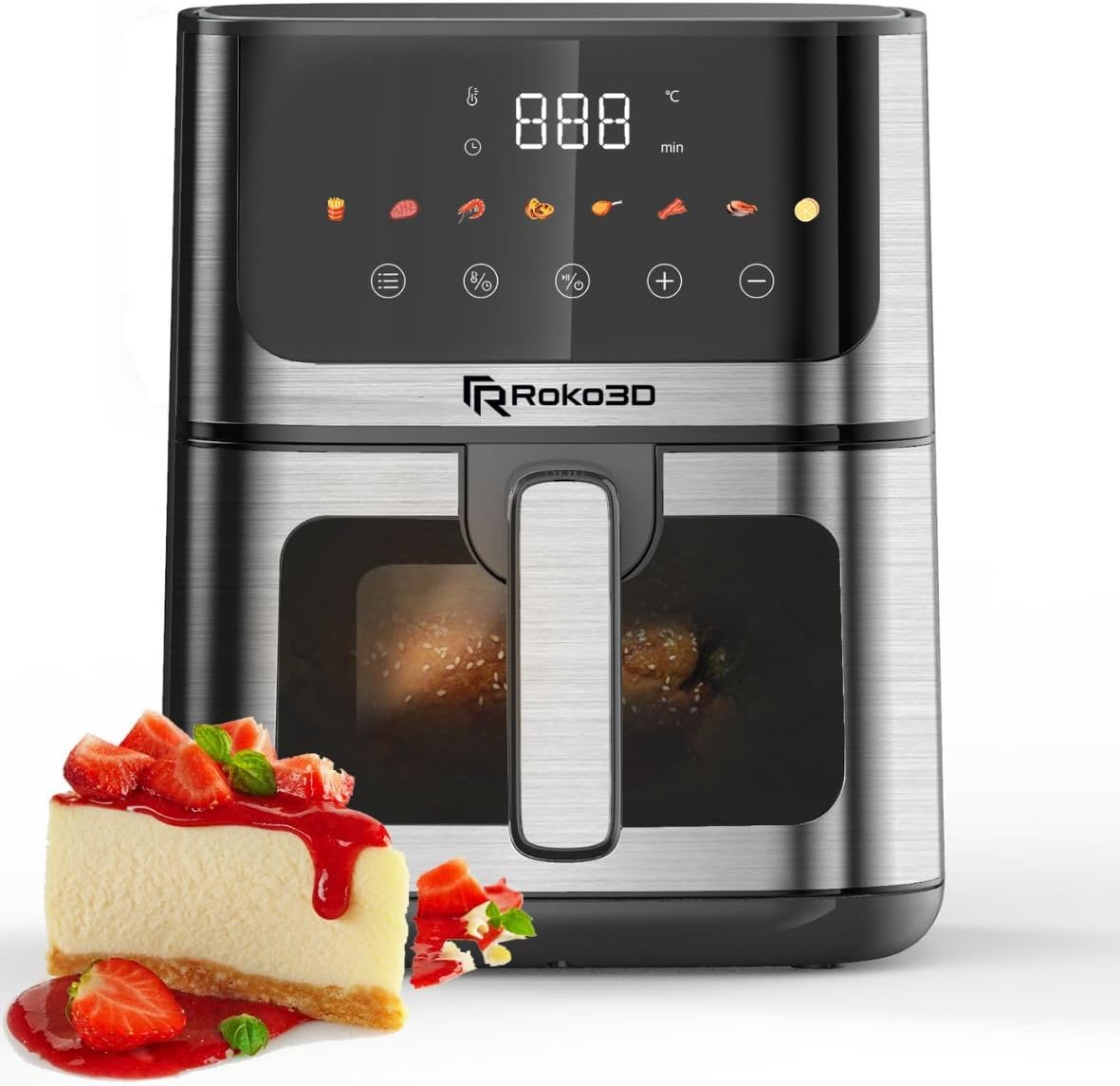 Air Fryer Stainless Steel ROKO 3D with Visible Window - 5Qt Capacity for 3-5 Persons | 18 in 1 - Fry, Bake, Toast, Broil, Reheat without Oil - 1400W, Dishwasher Safe, Luxury Black and Silver
