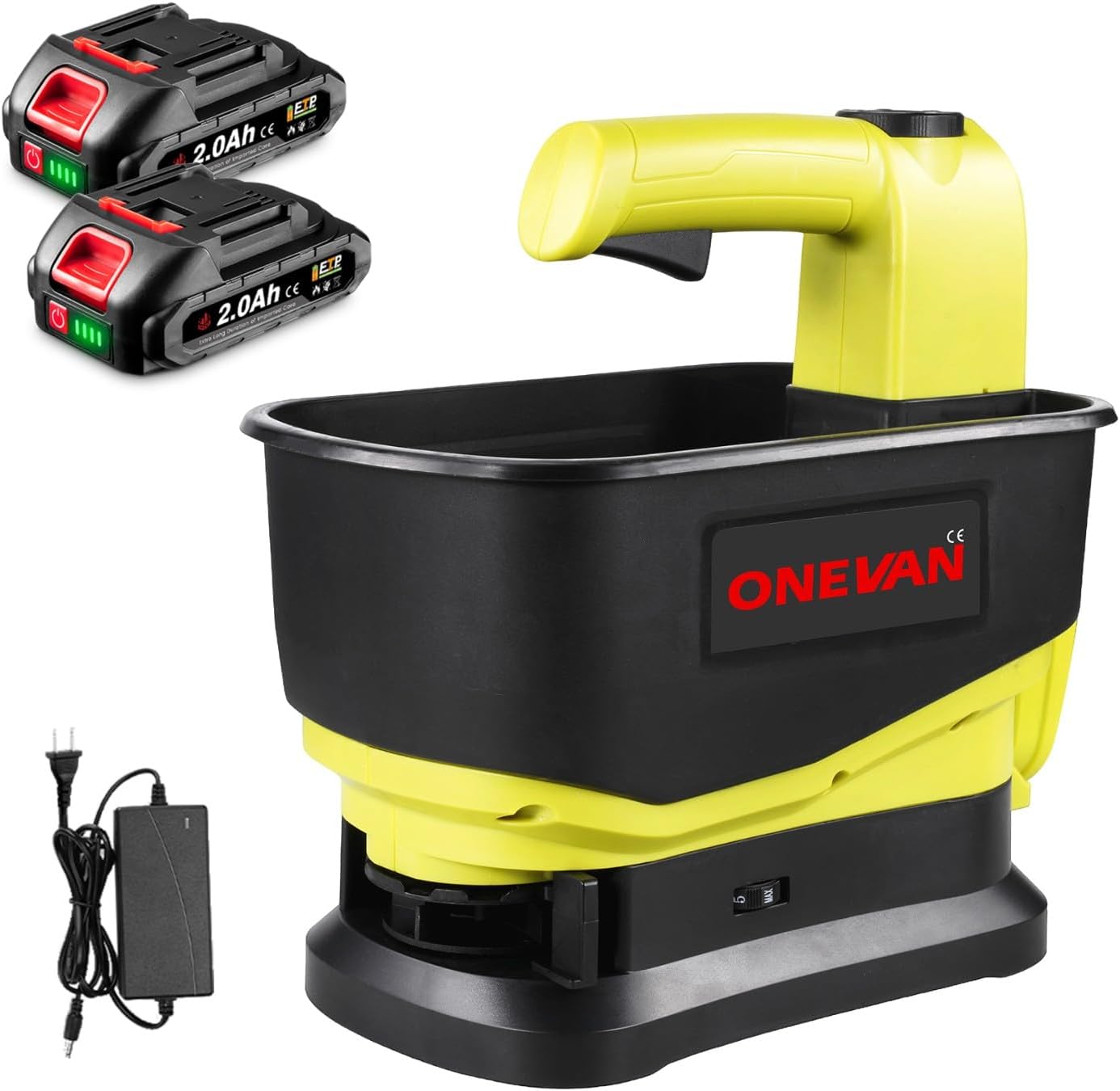 ONEVAN Seed Spreader, Handheld Battery Operated Spreader with 2x2000mAh Batteries, 5.5L Large Capacity Hopper, 6 Speed Levels, Available Year-Round, Grass Seed, Rock Salt, Fertilizer & Ice Melt