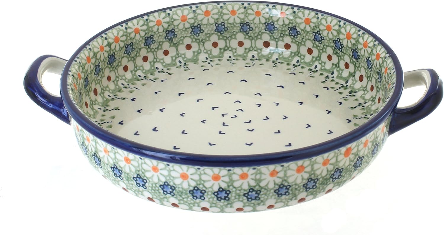 Blue Rose Polish Pottery - Green Daisy Small Round Baker with Handles - 9.5