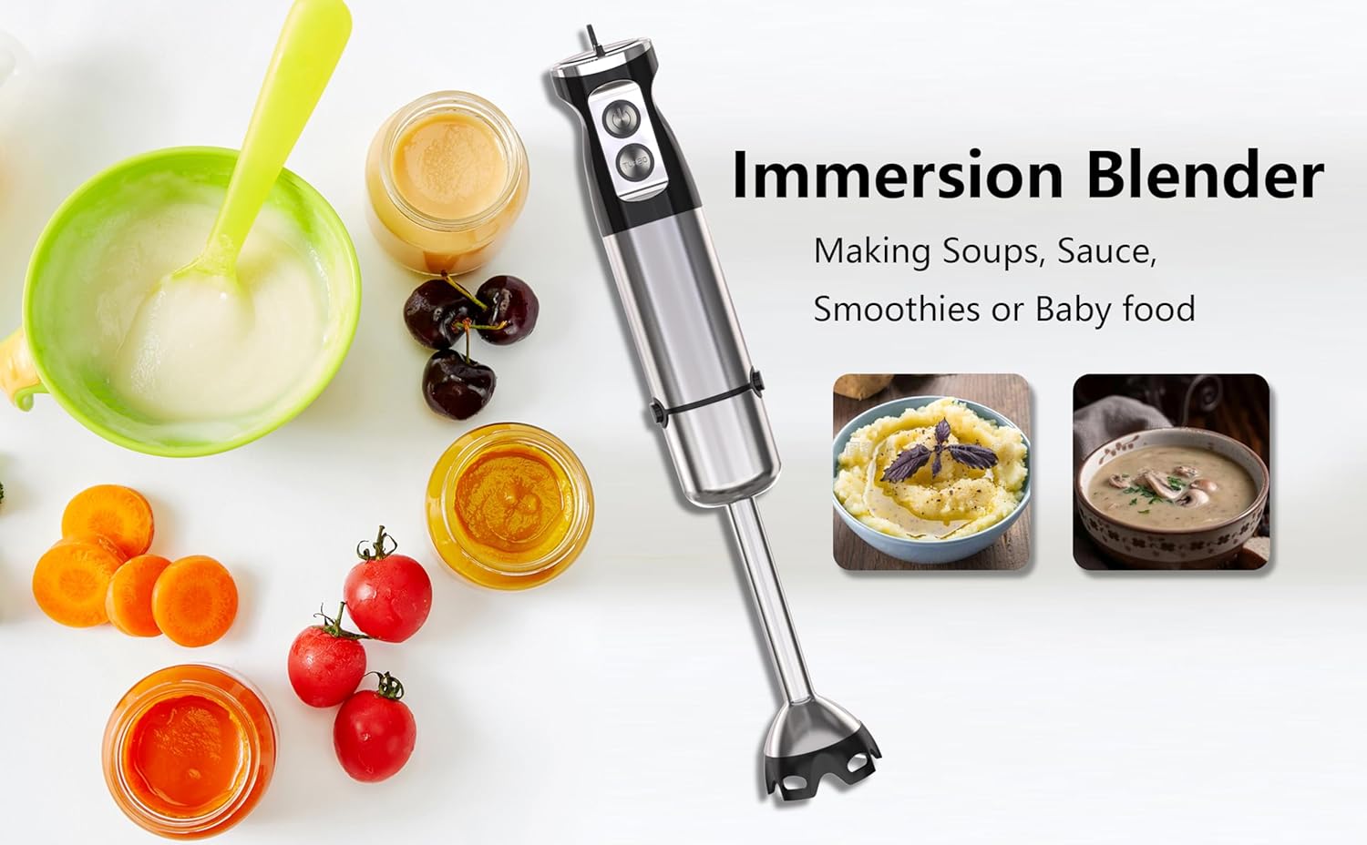 Immersion Blender Handheld, 5 in 1 Hand Mixer Electric Handheld for Kitchen, Corded Stick Hand Emulsion Blender with Chopper Beaker Whisk and Milk Frother for Baby Food, Smoothie, Puree, Soup, Sauces