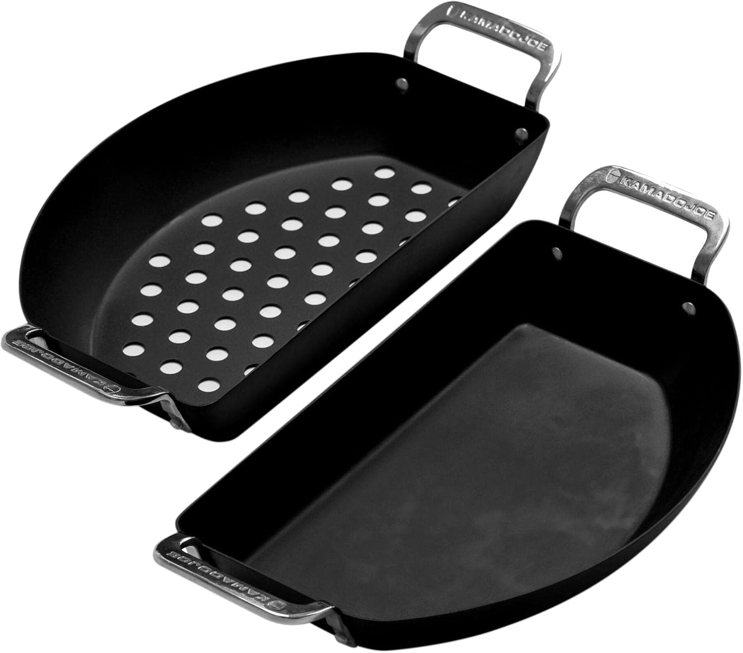 Kamado Joe Karbon Steel Pre-Seasoned Carbon Steel Non-Stick Half-Moon Pans with One Solid Pan and One Perforated Pan for Classic Joe and Big Joe Kamado Grills, Model KJ15124822