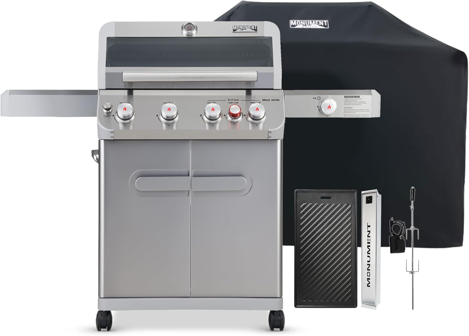 Monument Grills Outdoor Barbecue Stainless Steel 4 Burner Propane Gas Grill, 62,000 BTU Patio Garden Barbecue Grill with Side Burner, Mesa415BZ with Accessory Kit(5 items)