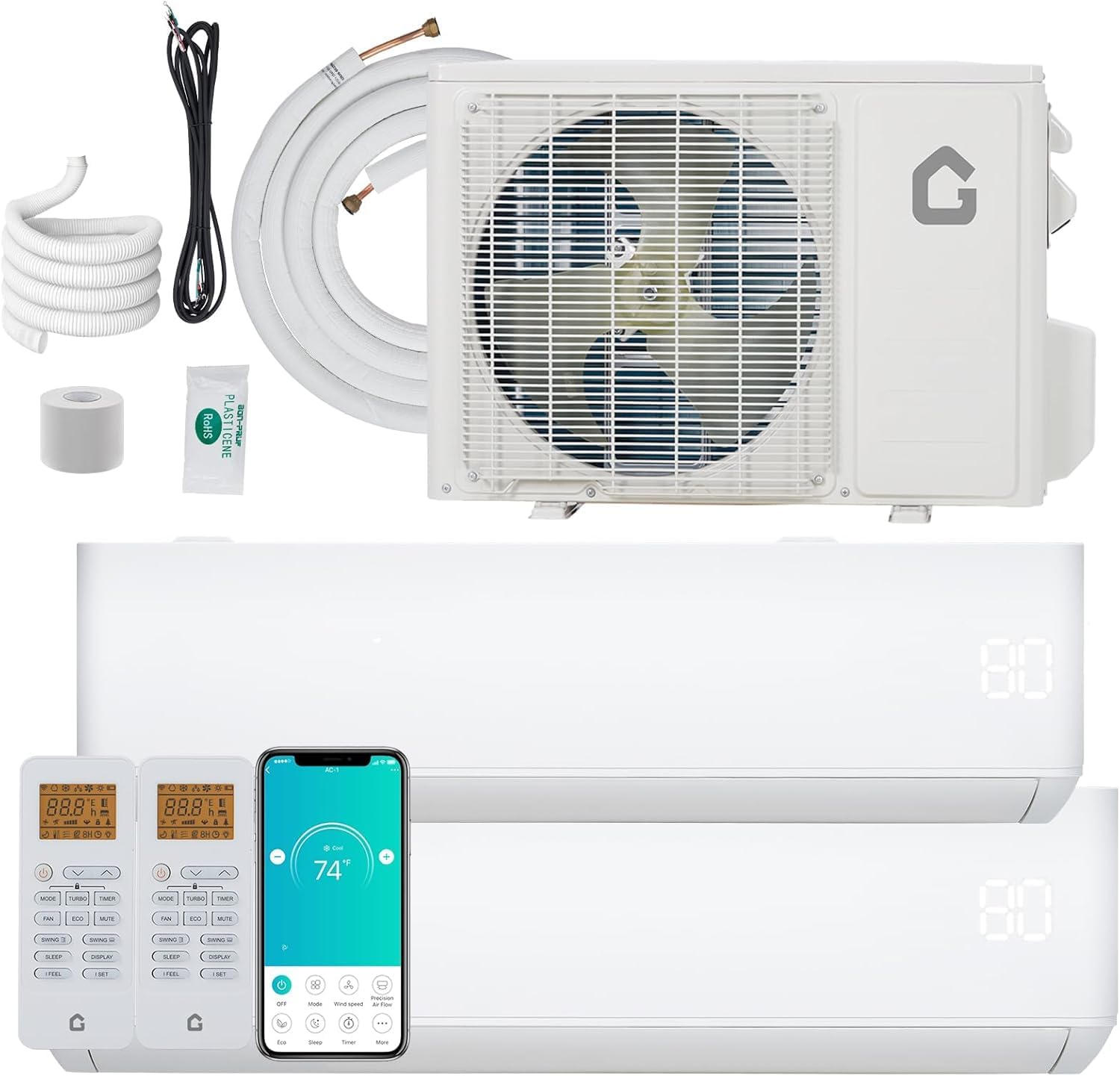 20K Dual 2 Zone Mini Split Air Conditioner and Heater, 20 SEER2 208-230V 9000 + 12000 BTU Wifi Mini Split AC/Heating System Multi Zone, Ductless, Wall Unit, with Installation Kits