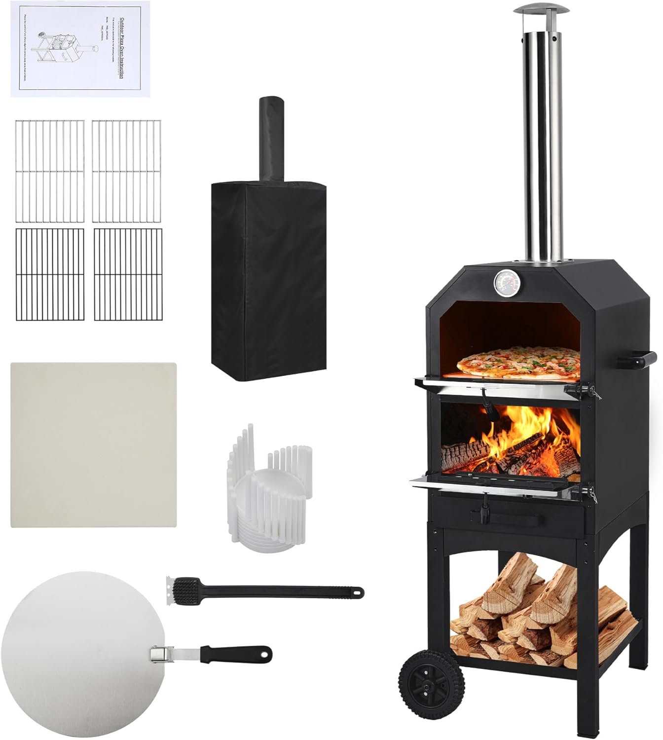 12’’ Outdoor Pizza Oven Wood Fired Pizza Oven Portable Patio Ovens Included Pizza Stone, Pizza Peel, Fold-Up Legs, Cover Cooking Rack for Camping Backyard BBQ