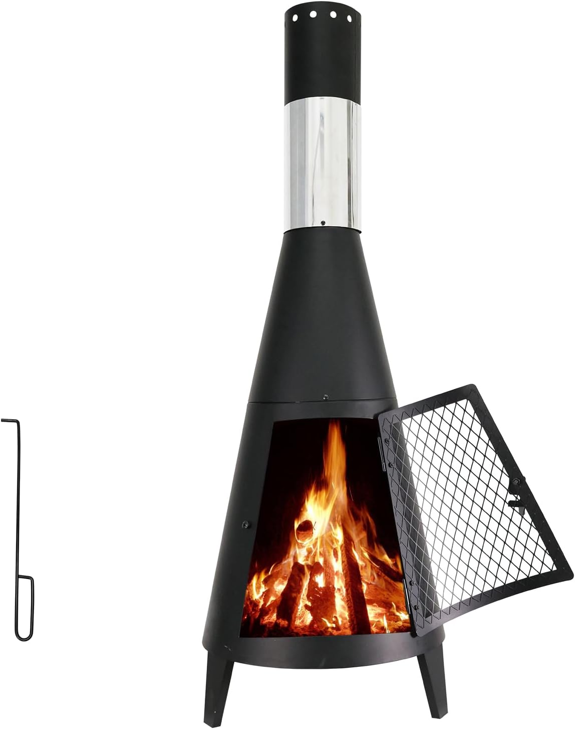 BDL Chiminea Outdoor Fireplace Outdoor Wood Burning Fire Pit Free Standing Fireplace with Log Grate, Mesh Screen for Patio, Backyard, Garden-Black