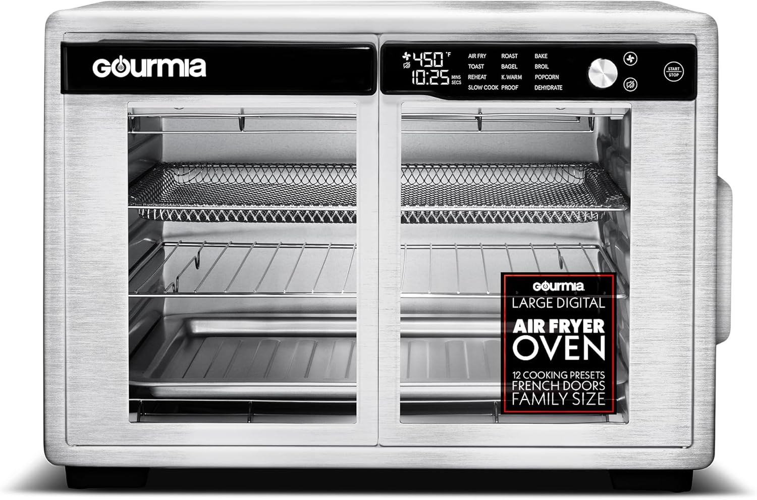 Gourmia French Door Air Fryer Oven - 37 Qt Large Capacity Convection Toaster Oven, FryForce 360°, Digital Display, 12 Cooking Presets, Dehydrate, Fits 13” Pizza, Dishwasher-Safe, Stainless Steel