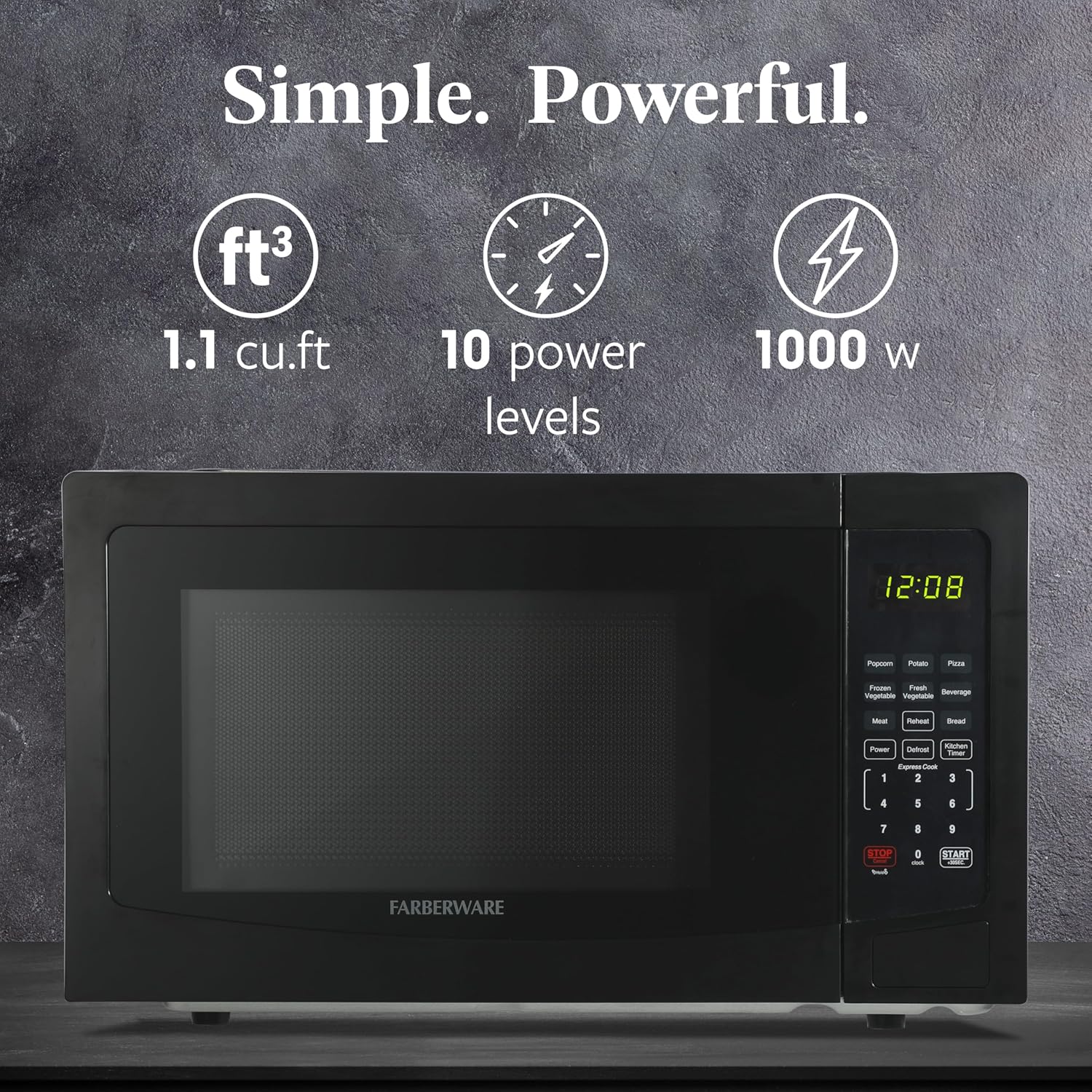 Farberware 1.1 Cu. Ft. Countertop Microwave Oven – 1000 Watts Power, Auto Cook Settings, Defrost, Easy Clean and Child Safety Lock - Black
