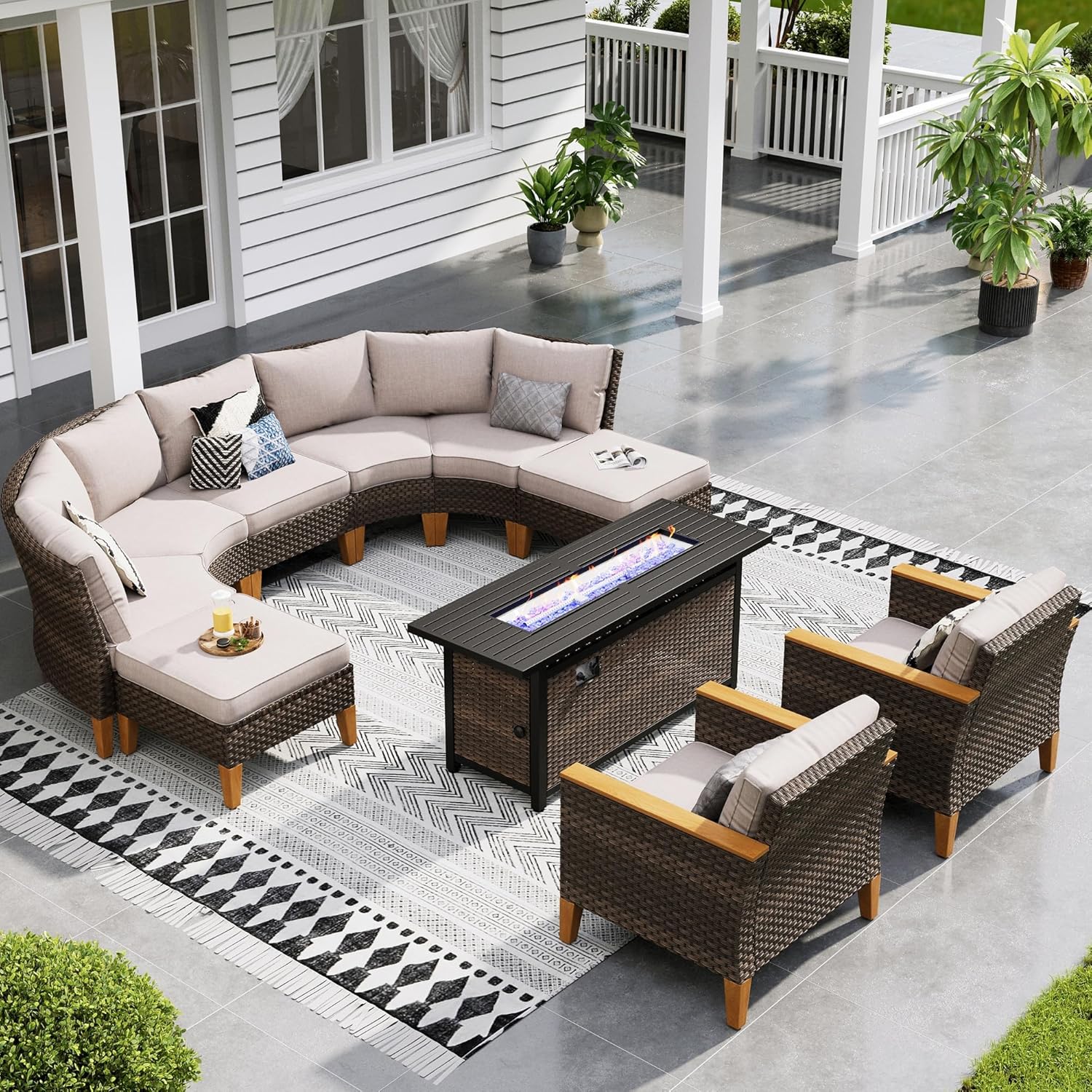 Sophia & William Patio Furniture Set with Fire Pit Table, 10 Piece Half Moon Outdoor Wicker Sectional Sofa Set, Rattan Conversation Set with 56-Inch Fire Pit Table for Backyard, Deck, Pool(Beige)