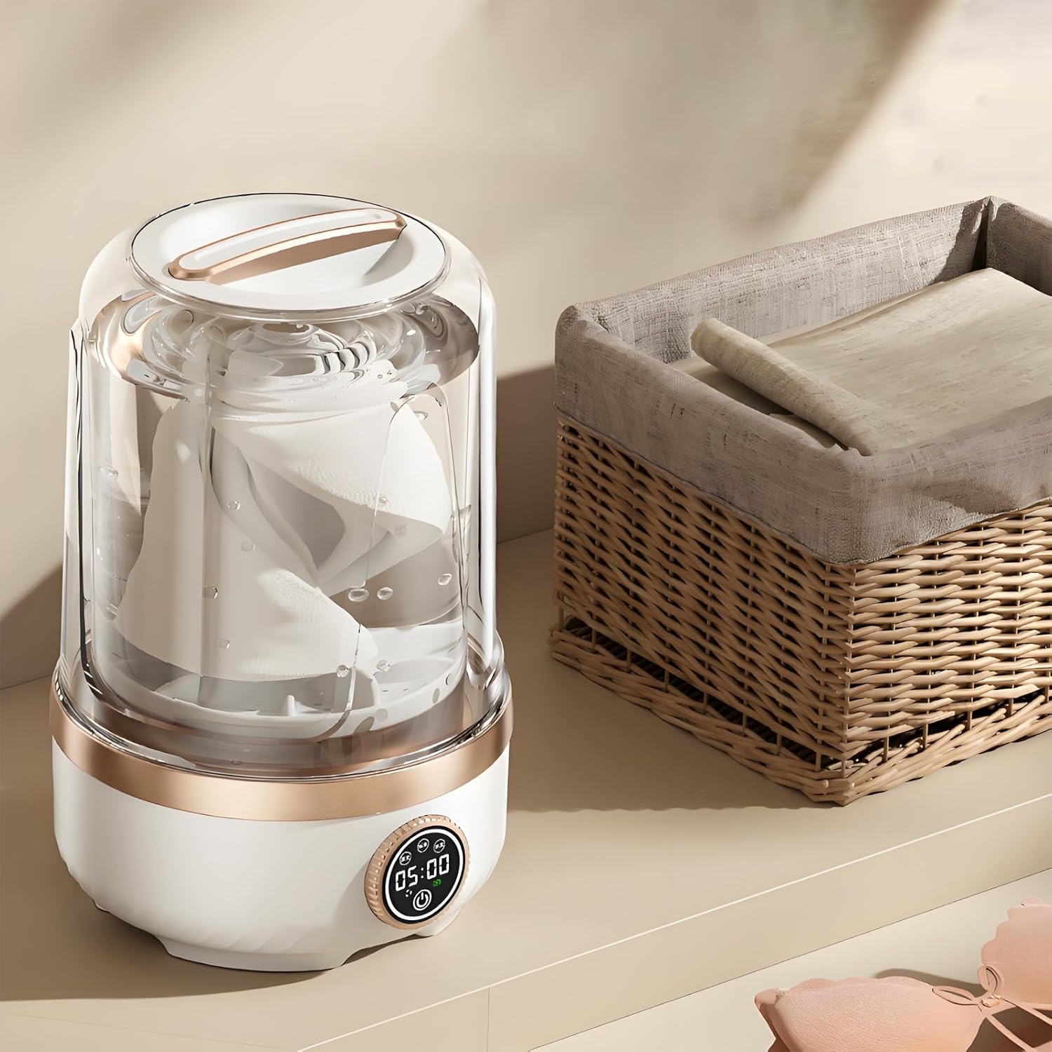 Portable Underwear Washing Machine, With Three Cleaning Modes&LED Smart Display, 2L Capacity Mini Laundry Machine, For Apartments Dorm RV Travel(Size:6.02 * 6.02 * 9.05in,Color:Khaki)