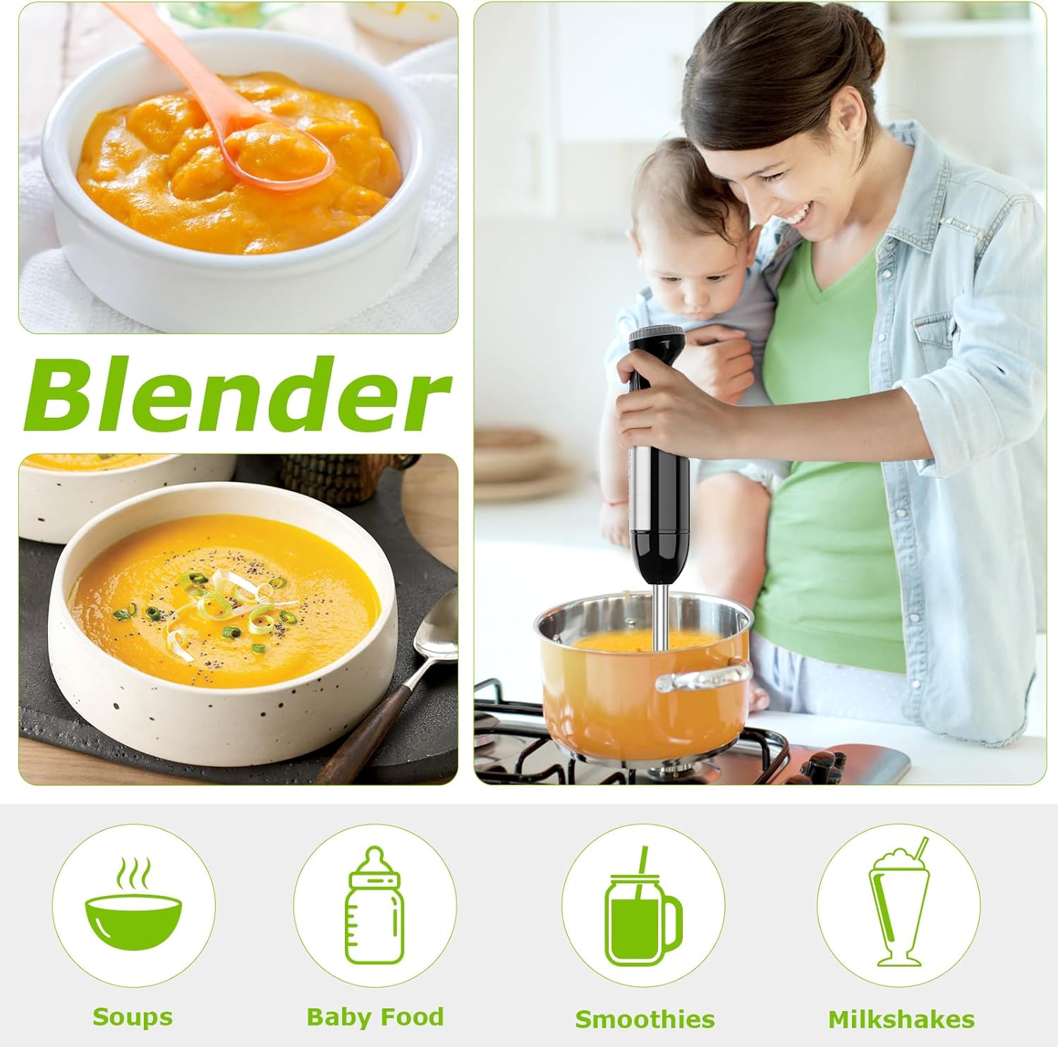 Bonsenkitchen 4-in-1 Immersion Blender Handheld, 20 Speeds Hand Blender with Turbo Mode, Stainless Steel Blade, Egg Whisk, Beaker & Chopper Bowl, Stick Mixer for Soup, Smoothie, Puree, Baby Food