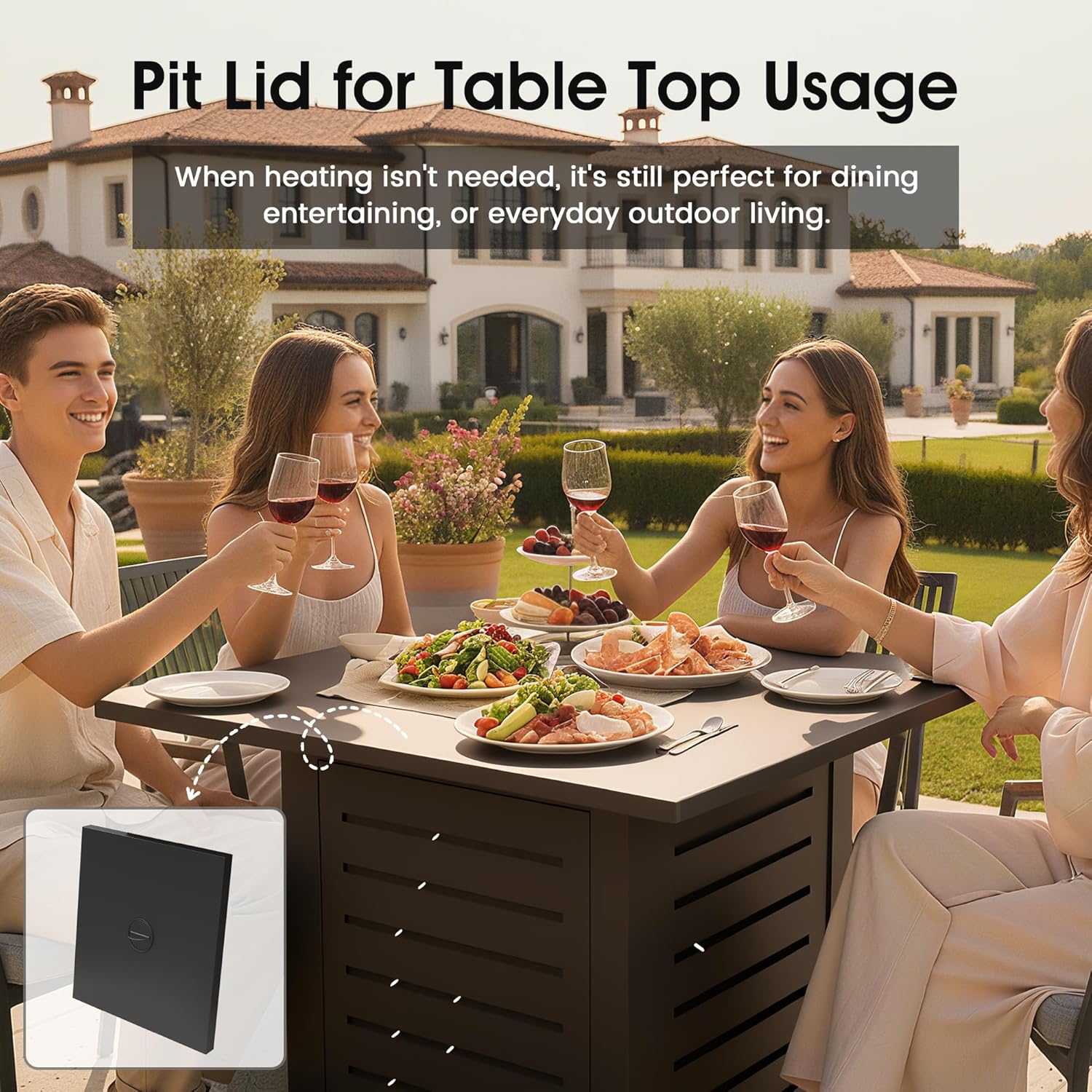 28 Inch Outdoor Propane Gas Fire Pit,50,000 BTU Gas Firepit Table with Steel Lid,304 Stainless Steel H-Burner,Lava Rocks and Wind Guard,Fire Pits for Outside Patio Deck Garden,Black