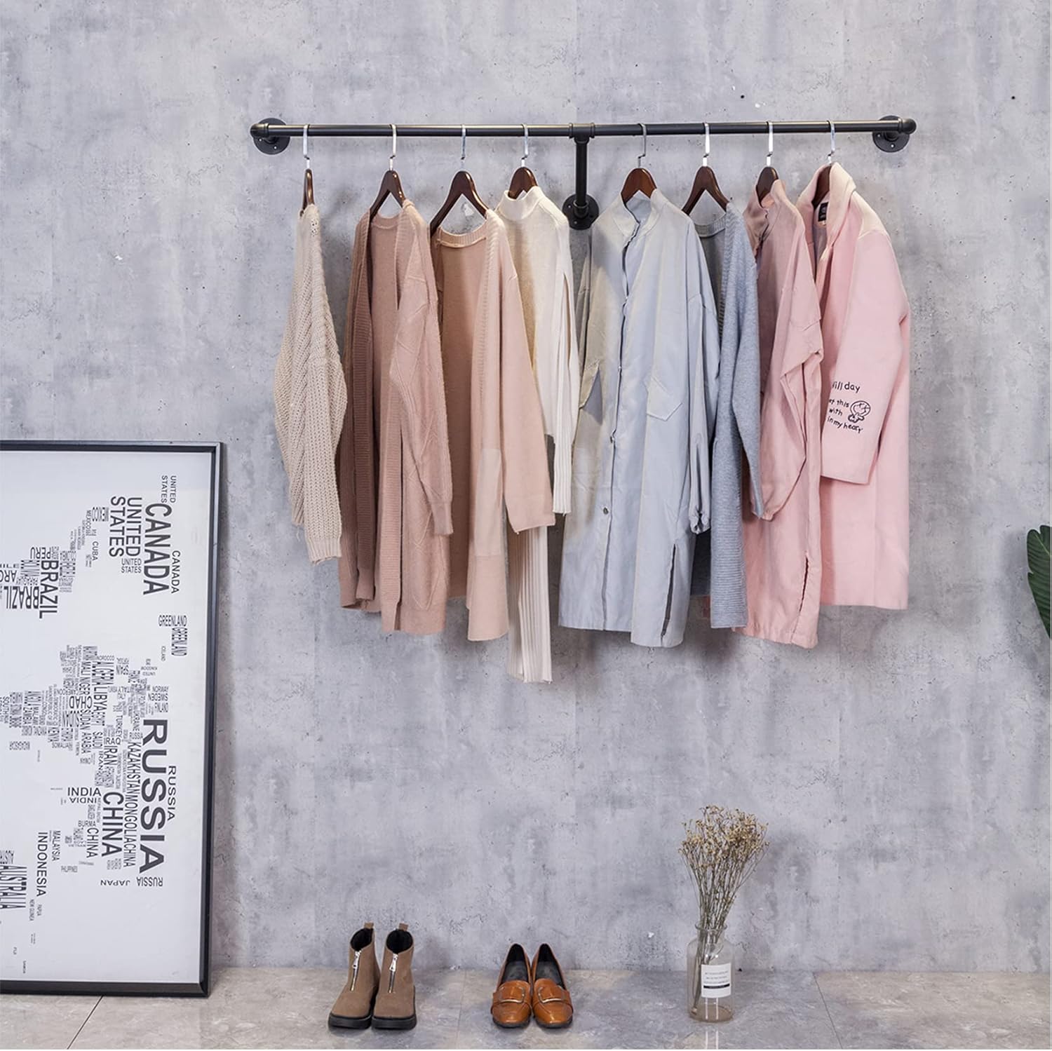 Industrial Vintage Pipe Wall Mounted Towel Clothing Hanging Shelves System,Laundry Room Type E Storage Rod,Metal Garment Rack for Clothes Retail Display Stand (39