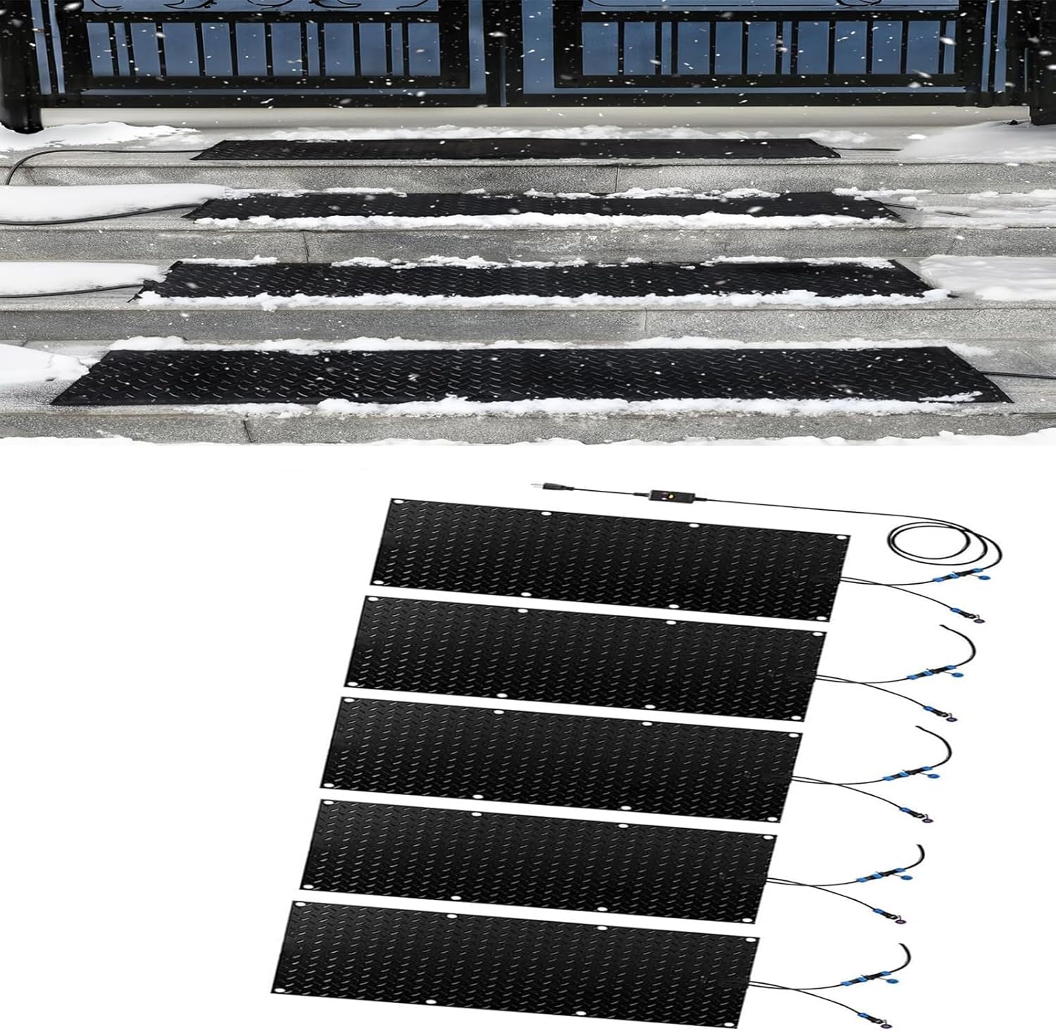 Heated Snow Melting Entrance mat, Winter Outdoor Stairs Heated Snow Removal Mat, Slip-Proof Entrances Walkway Mat, 2 in/h Melting Speed with Power Cord and Connectin,5 Pcs-30x150cm/12x60in