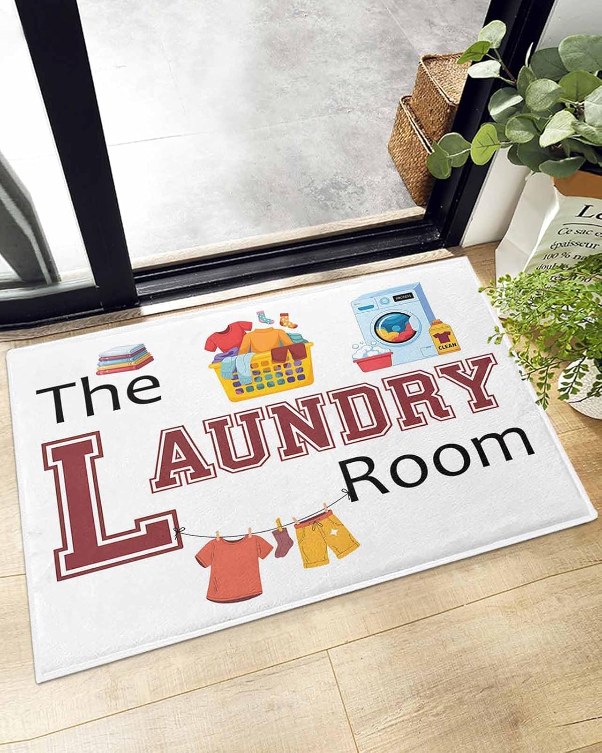 Indoor Doormat The Laundry Room Text on White,Shaggy Floor Mat with Non-Skid Backing Washing Machine Clothes,Machine Washable Plush Area Rug Carpets for Kitchen Nursery Bedroom