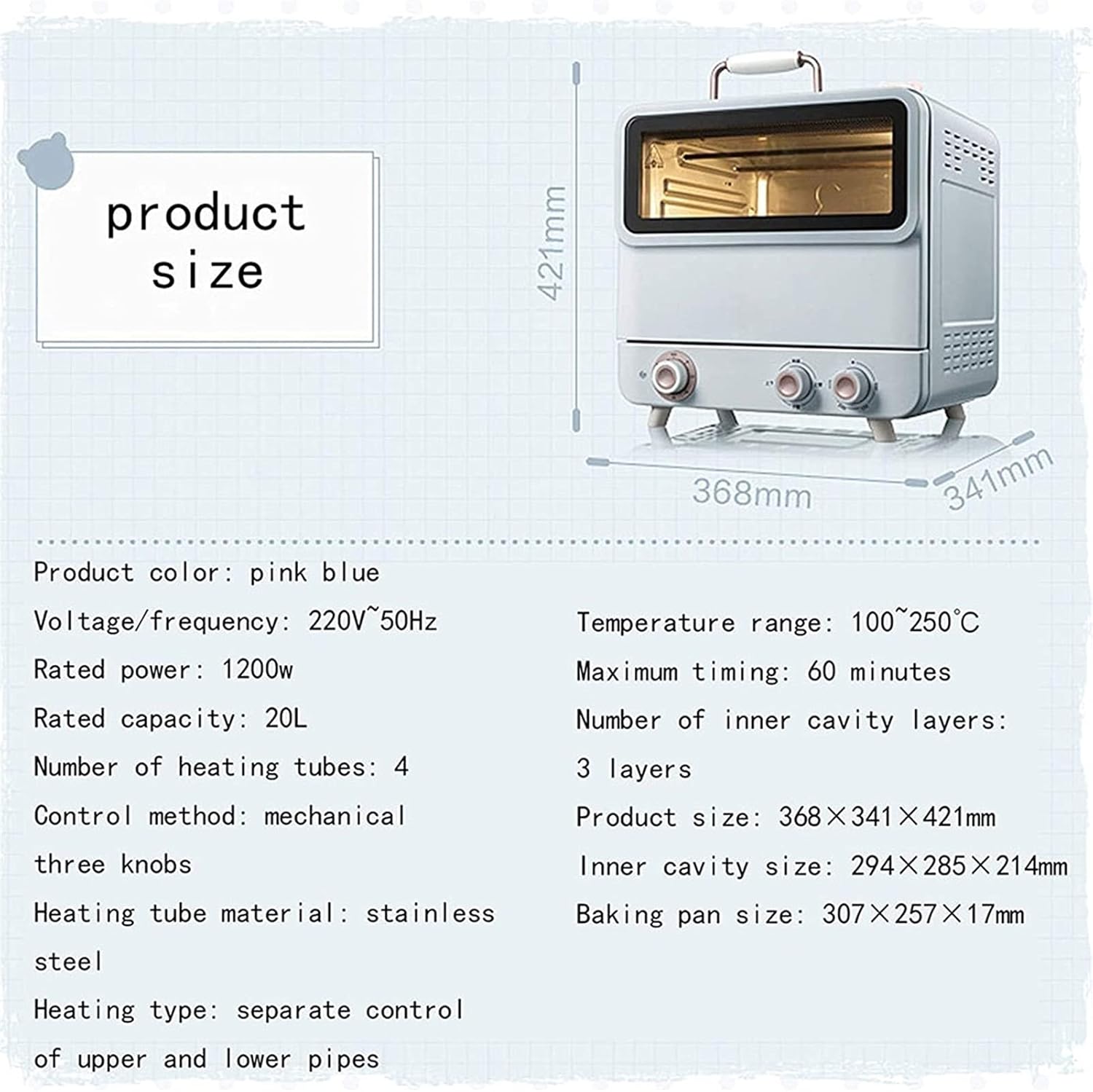 20L Toaster Oven Tabletop Cooking Baking Portable Oven 1200w 60 min Timer 100-250°. Multifunctional Steaming and Baking Machine Automatic Steam Baking Cake