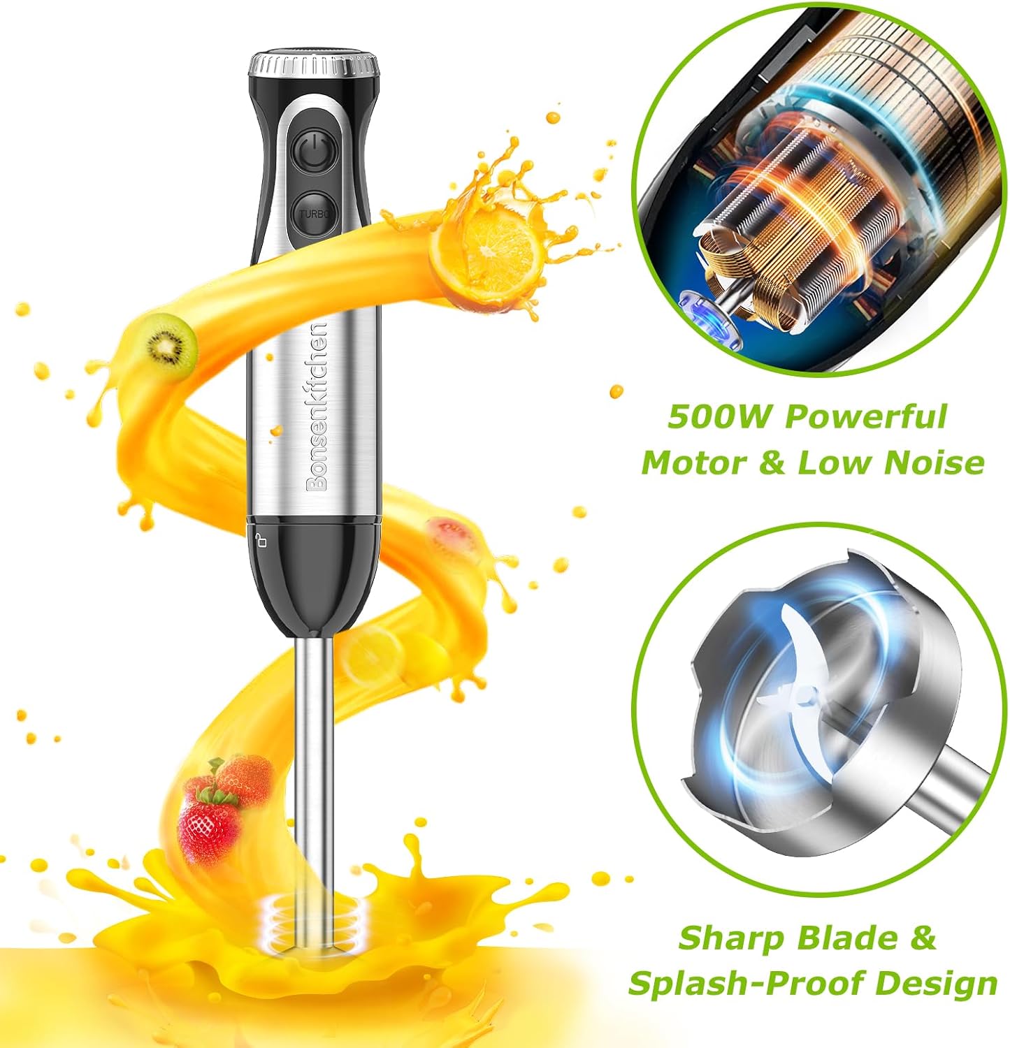 Bonsenkitchen 4-in-1 Immersion Blender Handheld, 20 Speeds Hand Blender with Turbo Mode, Stainless Steel Blade, Egg Whisk, Beaker & Chopper Bowl, Stick Mixer for Soup, Smoothie, Puree, Baby Food