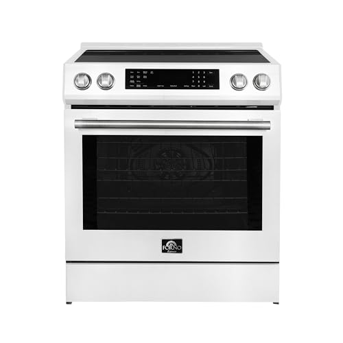 Forno Donatello 30-Inch Freestanding Induction Range, 5.0 cu.ft. – Espresso Finish with Antique Brass & Stainless Handle – LED Touch Screen, 4 Elements, Convection Oven – Model FFRBI6468-30E