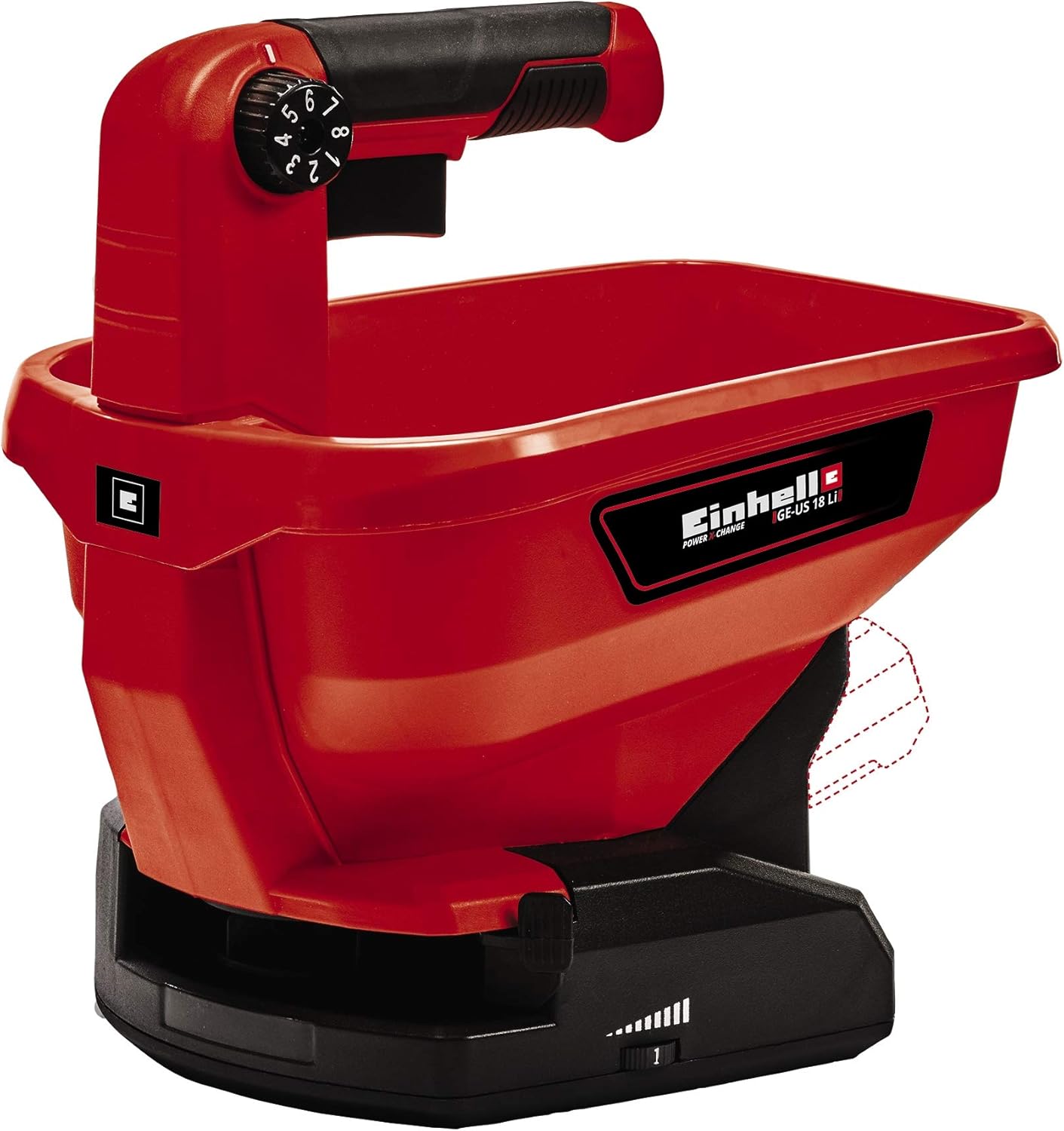 Einhell 3415410 Power X-Change 18V Cordless Spreader - Adjustable Scatter Width, Variable Flow Rate, For Fertilizer, Grass Seed, Salt and Grit - GE-US 18 Li Solo (Battery Not Included), Red, Black