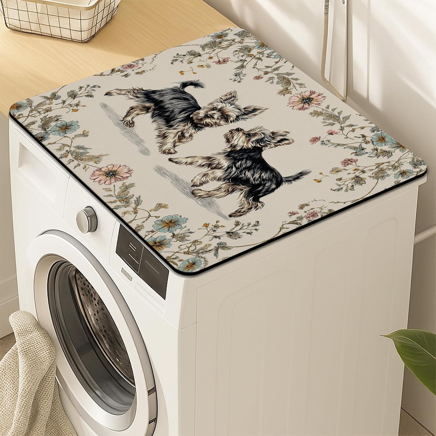 Yorkshire Terrier Washer Dryer Top Protector Mat, Vintage Floral Design Laundry Machine Dust Covers, Decorative Rubber Anti-slip Waterproof Washer And Dryer Mats for Home 24x24 Inch