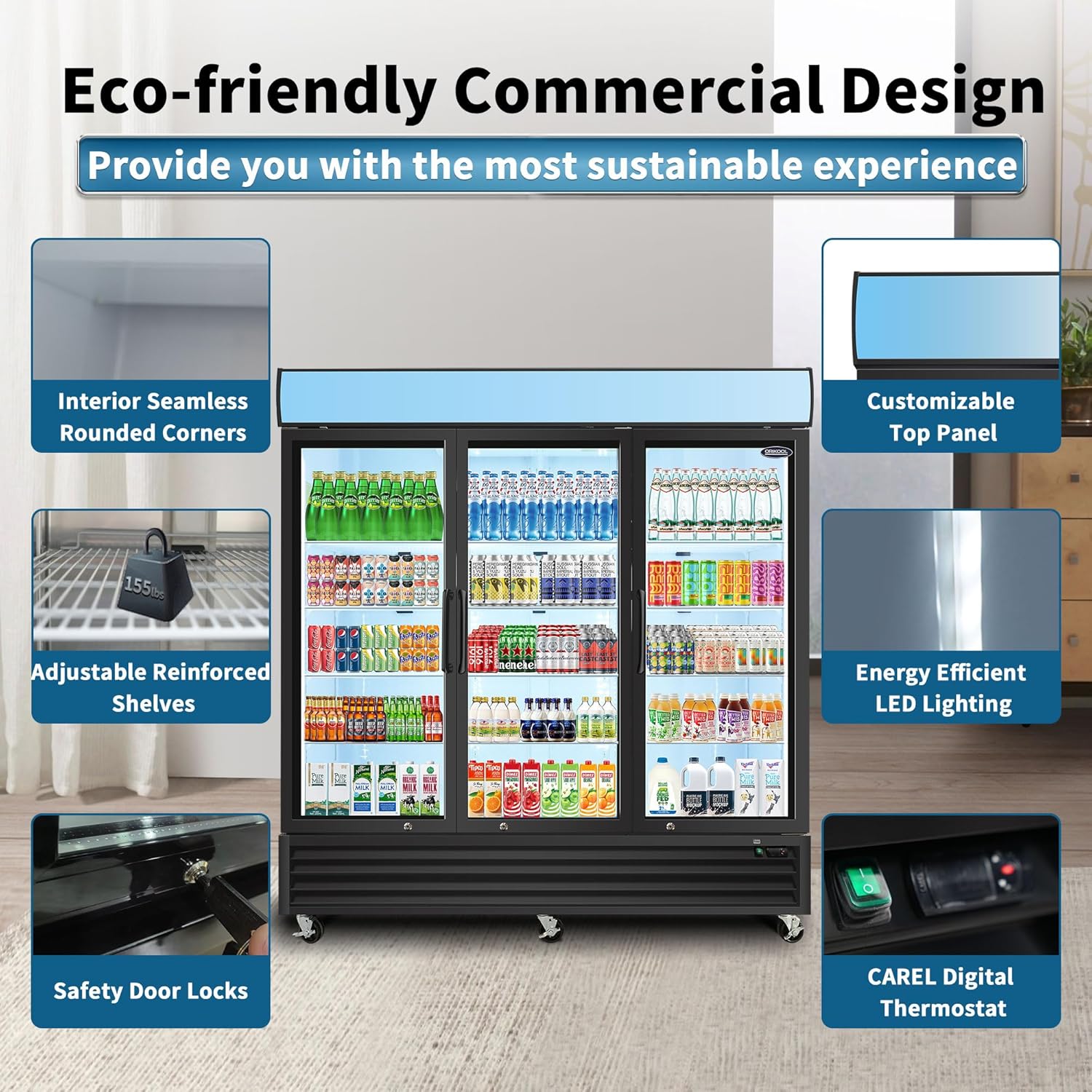 Deep Freezer with powered Refrigeration System and Efficient Condenser Self-closing Door and Lockable Shelves, Beverage Bar Cooler for Beer Wine Drink (70 Cu. ft beverage refrigerator)