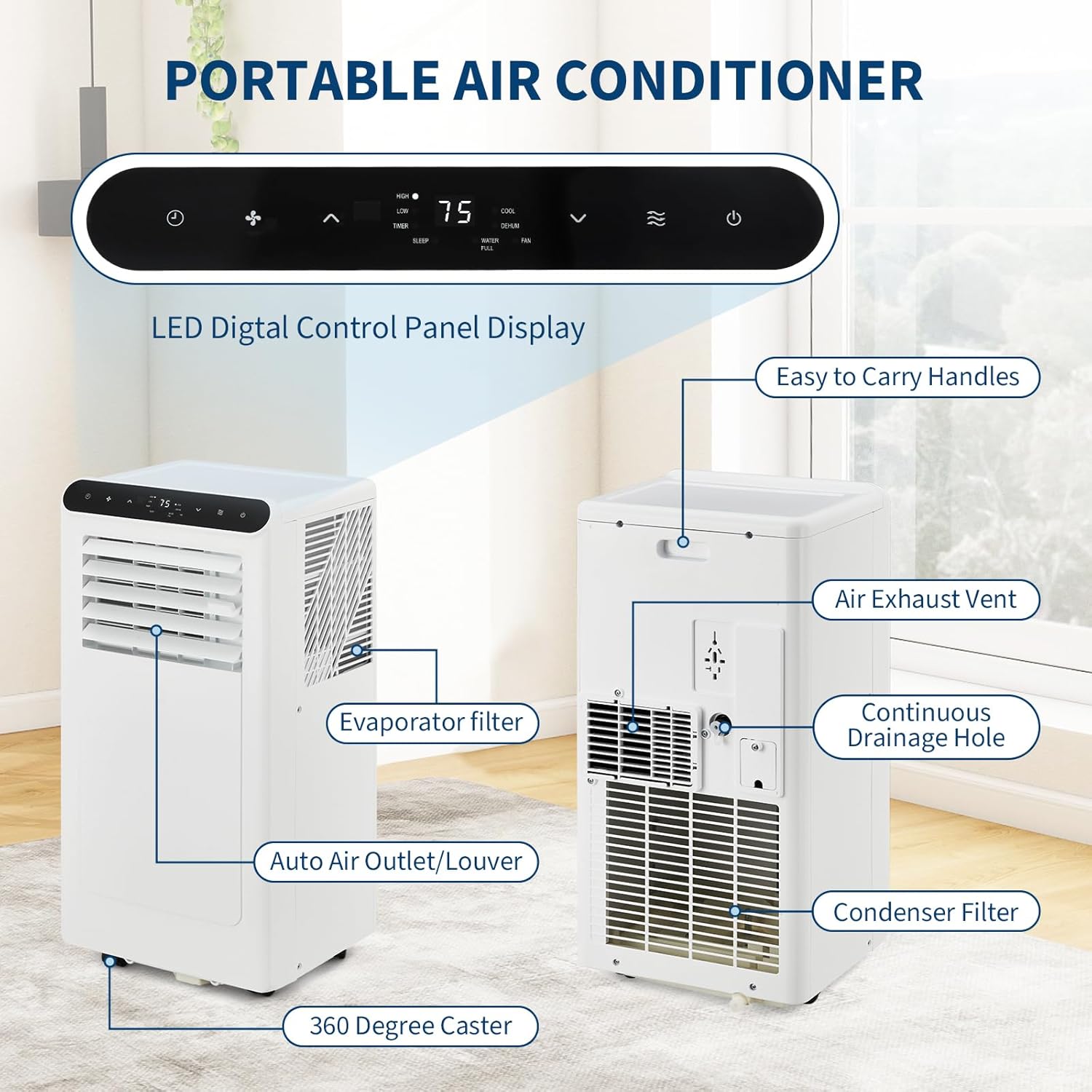 10000 BTU Portable Air Conditioner with Remote Control - 3-In-1 Quiet AC Unit, Dehumidifier & Fan for 350 Sq.Ft Rooms. Includes Window Kit, 24H Timer & Sleep Mode