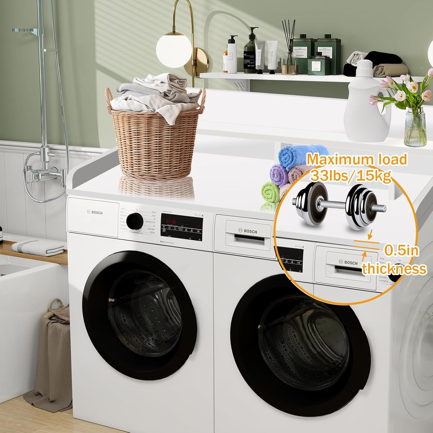 Washer Dryer Countertop with 2-Tier Shelf, Wood Laundry Countertop with 2.7