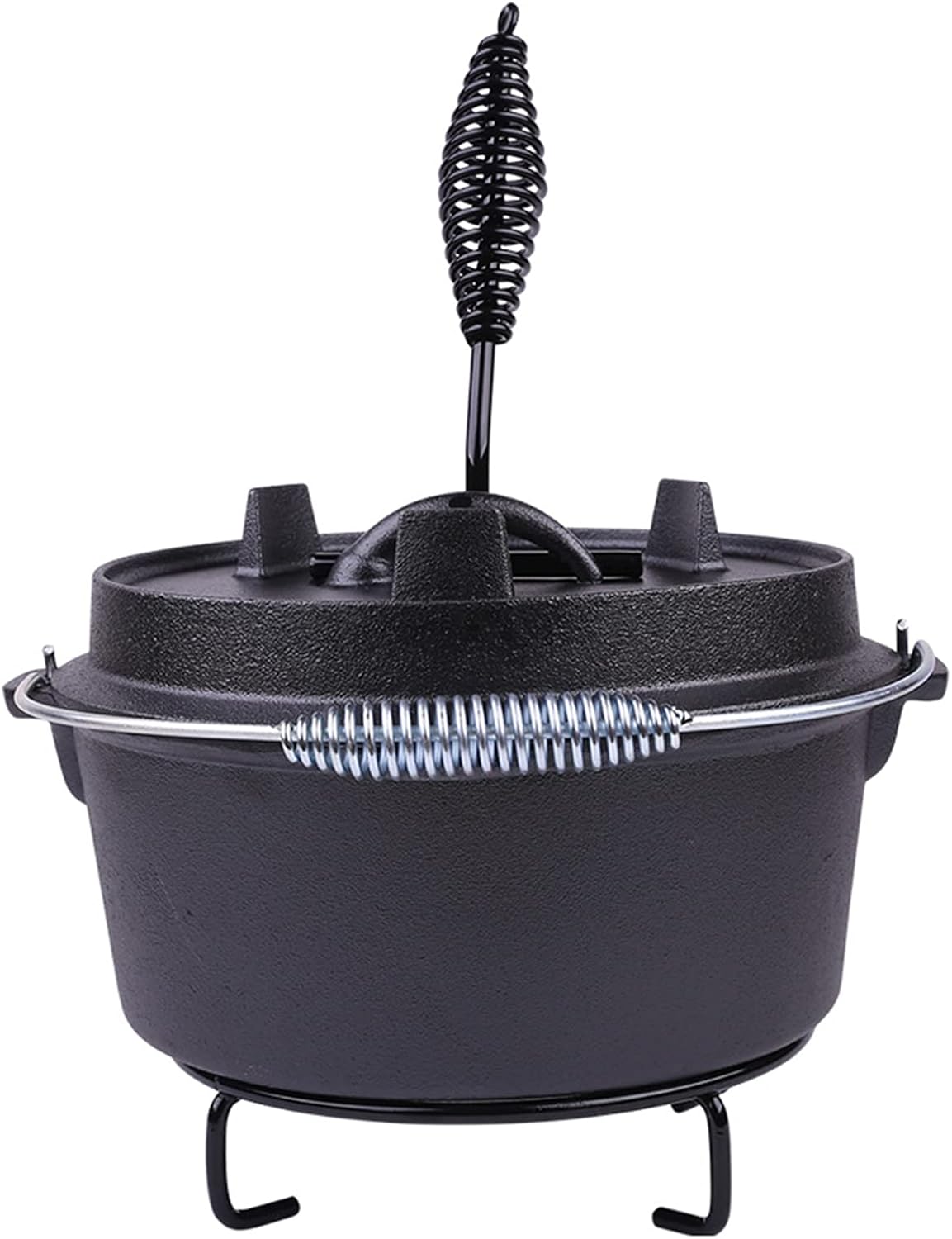 AIZYR Pre-Seasoned Cast Iron Dutch Oven - Outdoor Deep Camp Pot with Lid and Lid Lifter Tool for Campfire or Fireplace Cooking