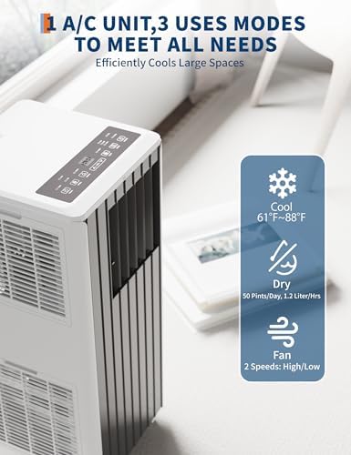 8,000 BTU Portable Air Conditioner - 3-in-1 Portable AC Units for Rooms, Quiet Sleep Mode(50dB), 24H Timer, Window Kits Included, Fan & Dehumidifier Modes for Indoor/Dorm/Office, Grey