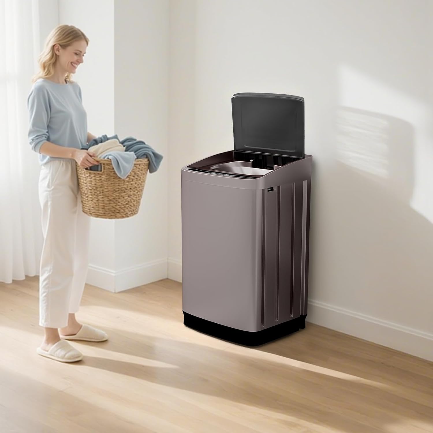 18lbs Portable Washing Machine, Full Automatic Washer and Dryer, 2.4 Cu Ft Compact with Drain Pump, 10 Wash Programs & 8 Water Levels, Ideal for Apartment, RV, Home Use, Brown