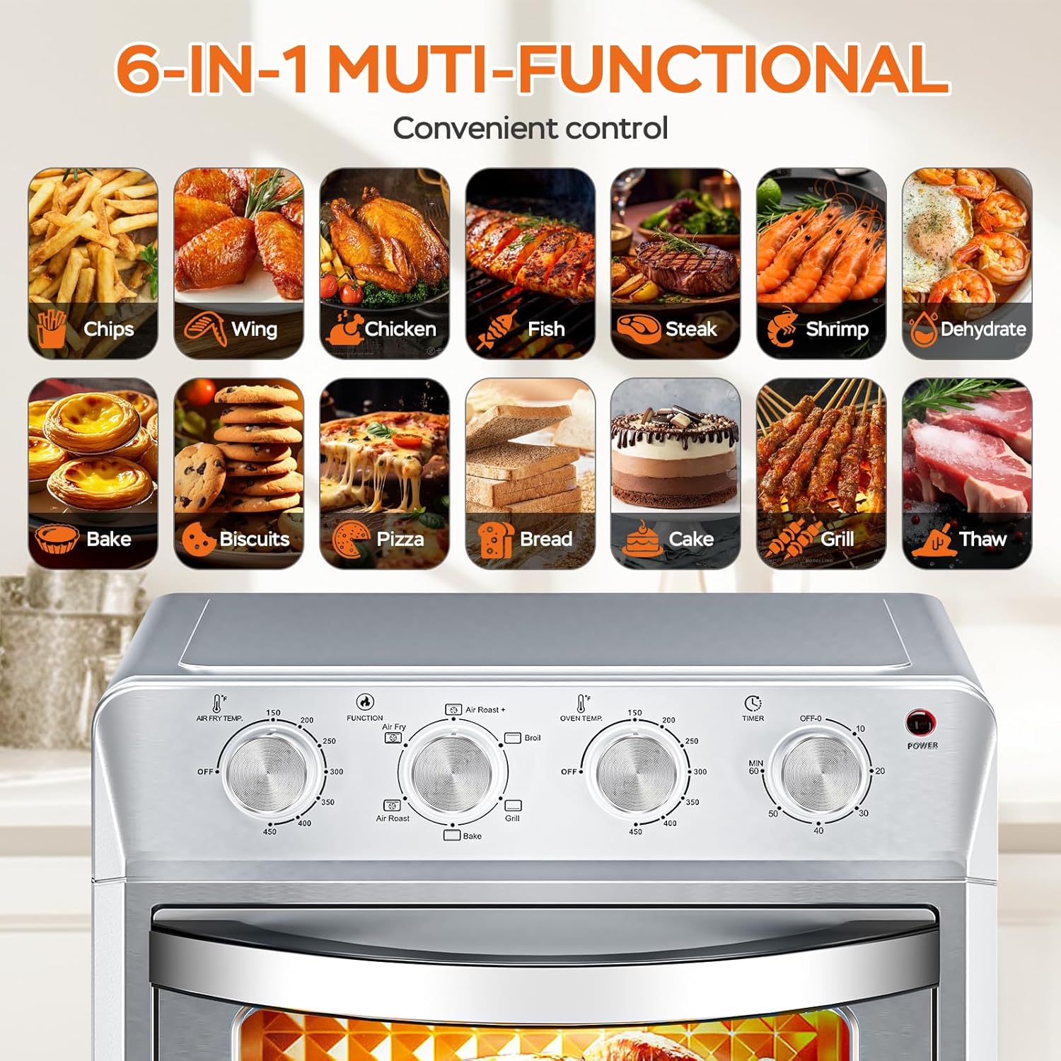27.5QT 6-in-1 Air Fryer Toaster Oven Dropdown-Door 6-Slice Countertop Convection Oven for Air Frying, Baking, Roasting, Broiling & Grilling, 1700W, Sliver
