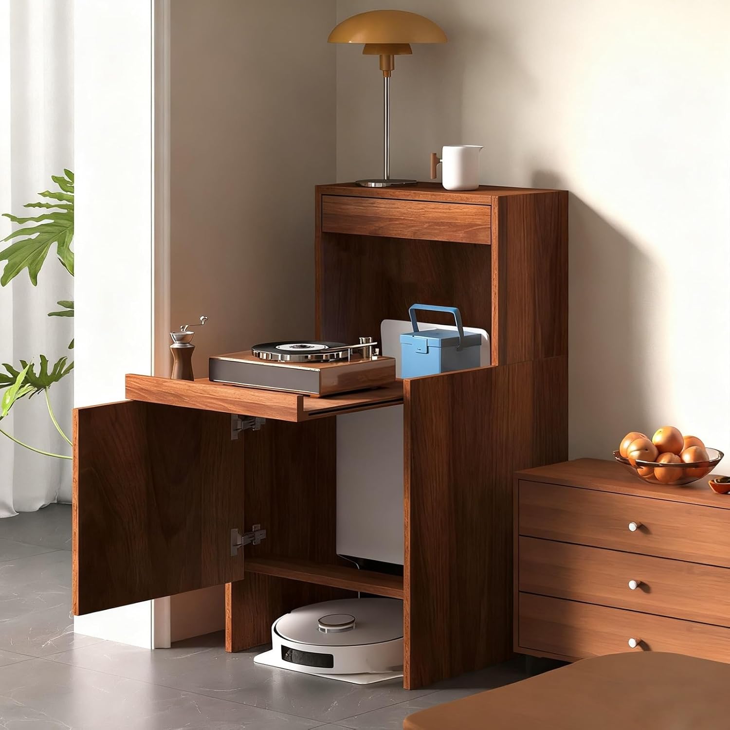 Robot Vacuum Stand Cabinet, Storage Cabinet with Doors and Drawers for Robot Vacuum Cleaner, End Side Table for Home Office, Home Furnishing Night Stand(Yellow,50 * 50 * 65cm)