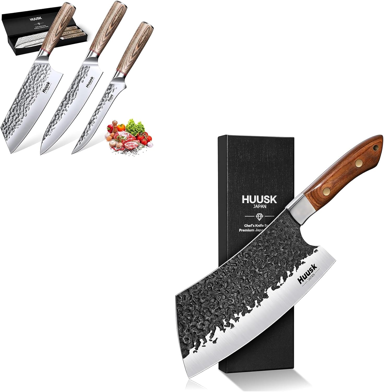 Huusk Cleaver Knife Bundle with Japanese Kitchen Knife Set of 3