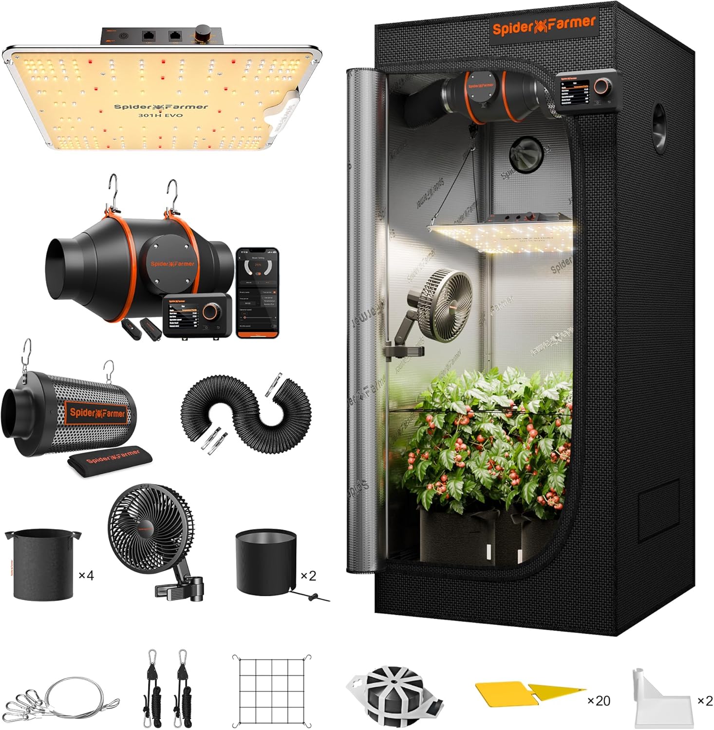 Spider Farmer EVO Grow Tent Kit Complete 2.3x2.3 SF-1000 Samsung LM301H Dimmable, Complete System 28