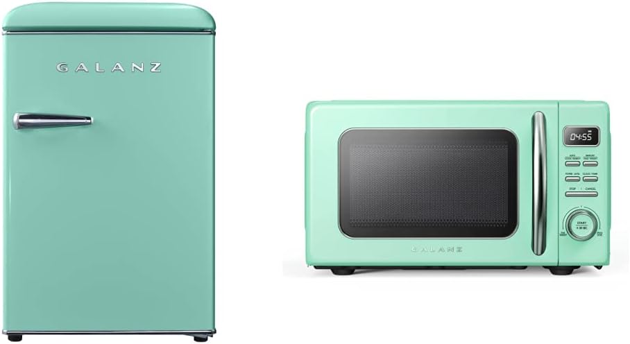 Galanz GLR25MGNR10 Retro Compact Refrigerator, Green, 2.5 Cu Ft & GLCMKZ09GNR09 Retro Countertop Microwave Oven with Auto Cook & Reheat, Defrost, Quick Start Functions, 9 cu ft, Green