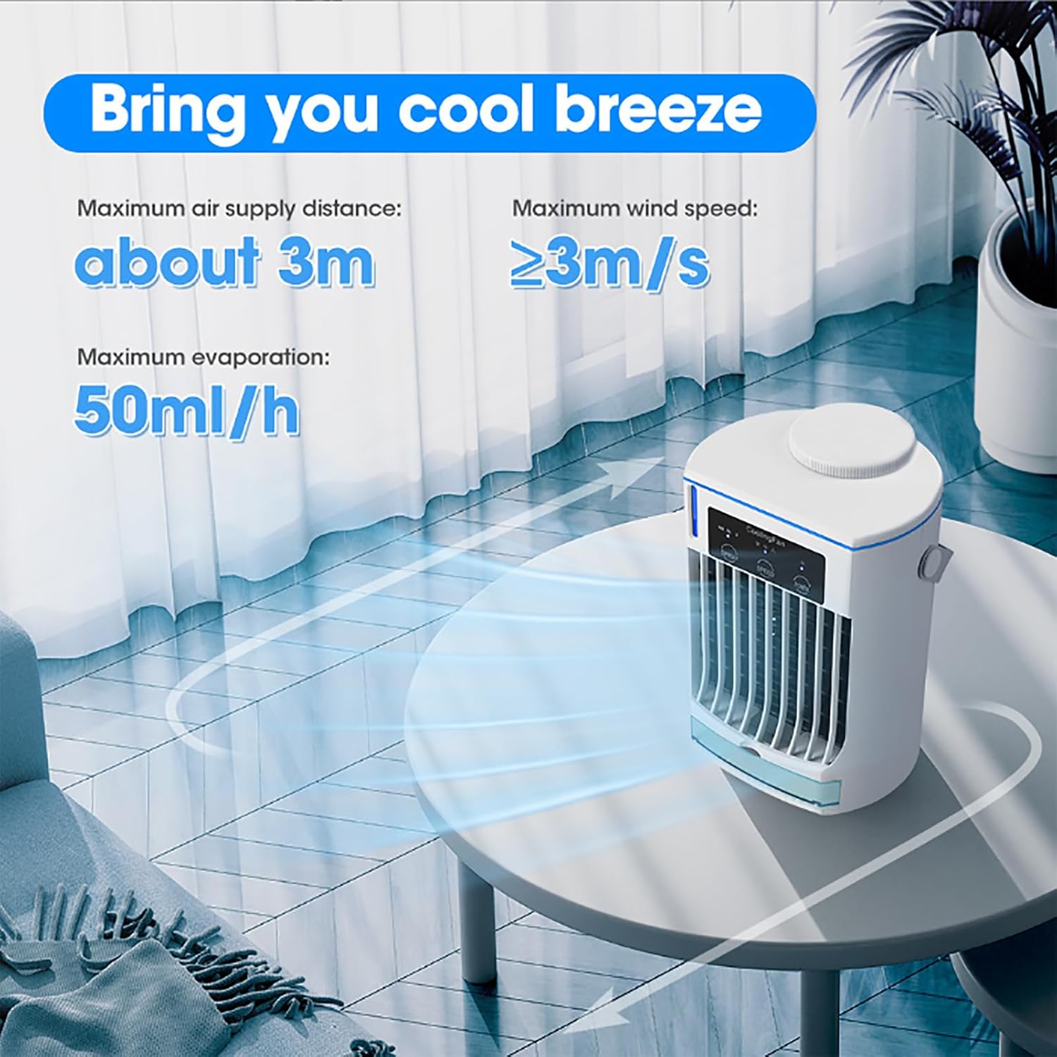 ERICAT Portable Air Conditioner, Evaporative Mini Air Cooler with Three Adjustable Wind Speeds,Two Working Modes, 500ml Large Water Tank and Detachable Activated Carbon Filter, for Home, Room, Office