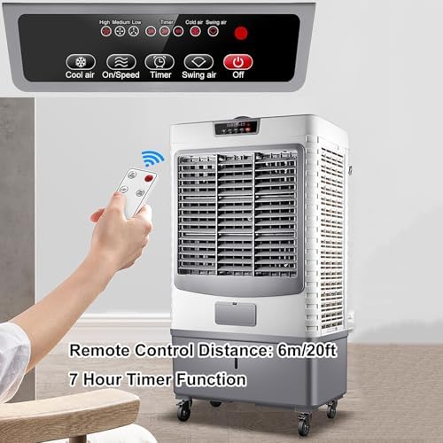 Outdoor Swamp Cooler, Portable Evaporative Air Cooler with Remote Control, 3 in 1 Air Conditioner, 55L Large Water Tank, Evaporative Air Cooler for Room, Industry Humidifier