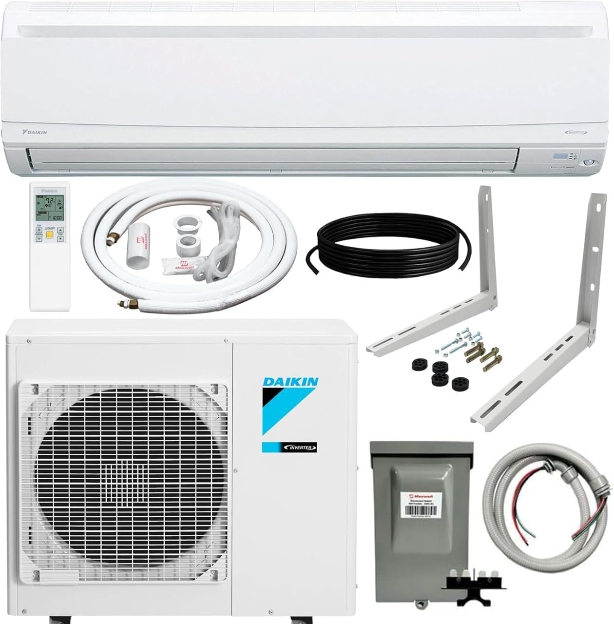 Daikin 18,000 BTU 19.5 SEER2 LV Series Ductless Mini-Split Wall Mount Heat Pump Air Conditioner with 15' Installation Kit, Wall Bracket, 1/2 Electric Whip, 30A Fuse -230V