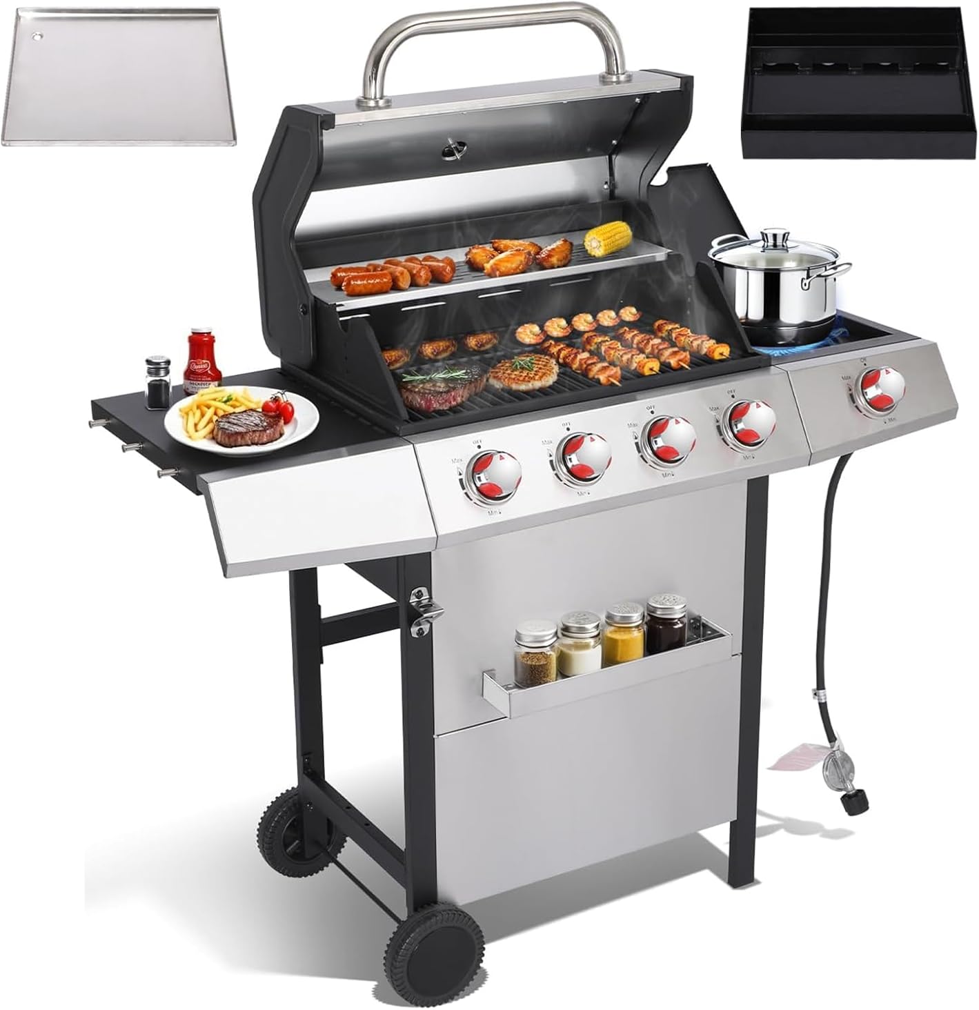 Griddle Grill Combo, Propane Gas and Charcoal Grill Combo, Outdoor BBQ Grills, 4 Burner Propane Stove with Griddle, Cast Iron Grates, Side Burner & Prep Space