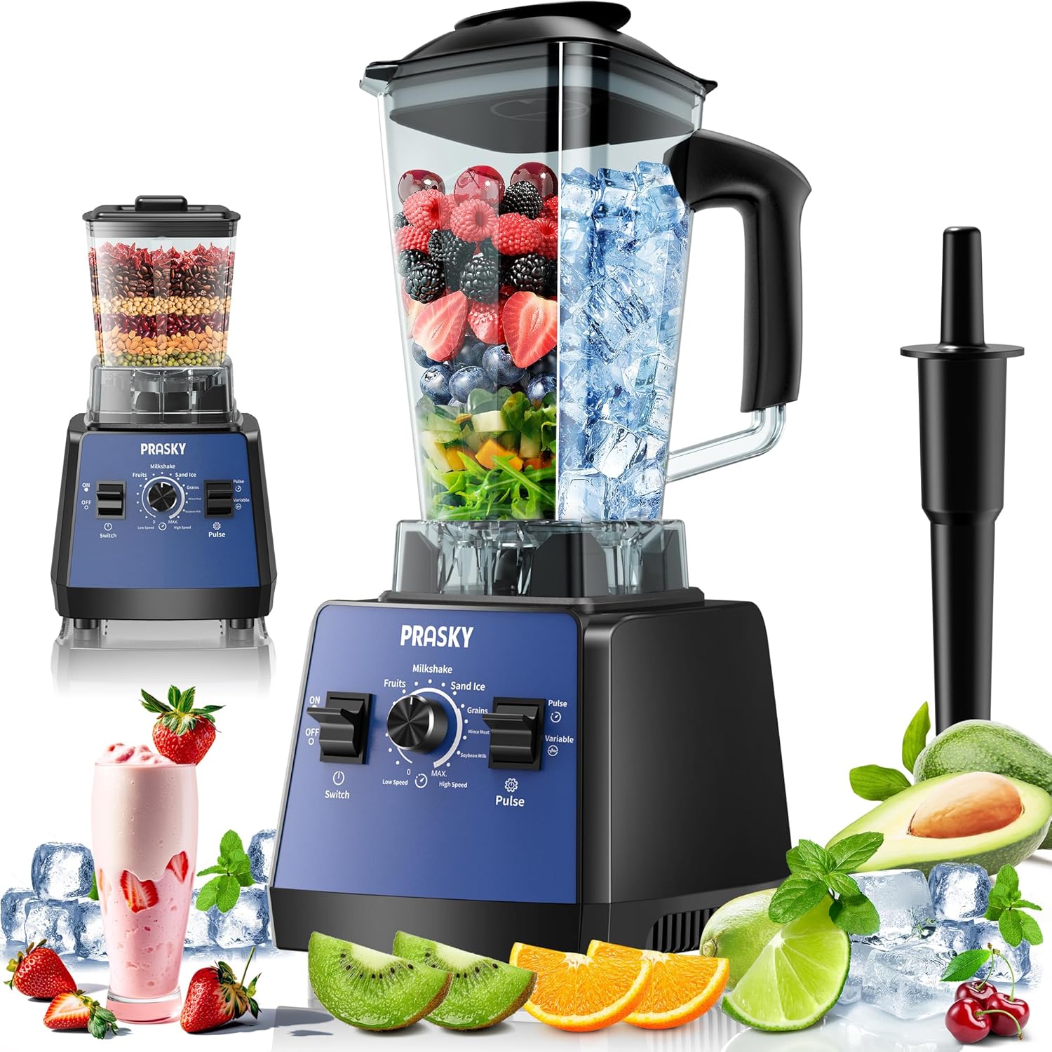 Blender, Smoothie Blenders, PRASKY Max.2400Watts/1000Watts Kitchen Blender and Grinder Combo 25000RPM Powerful Kitchen 68oz BPA Free 2 Containers Countertop Blenders Ice Crushing