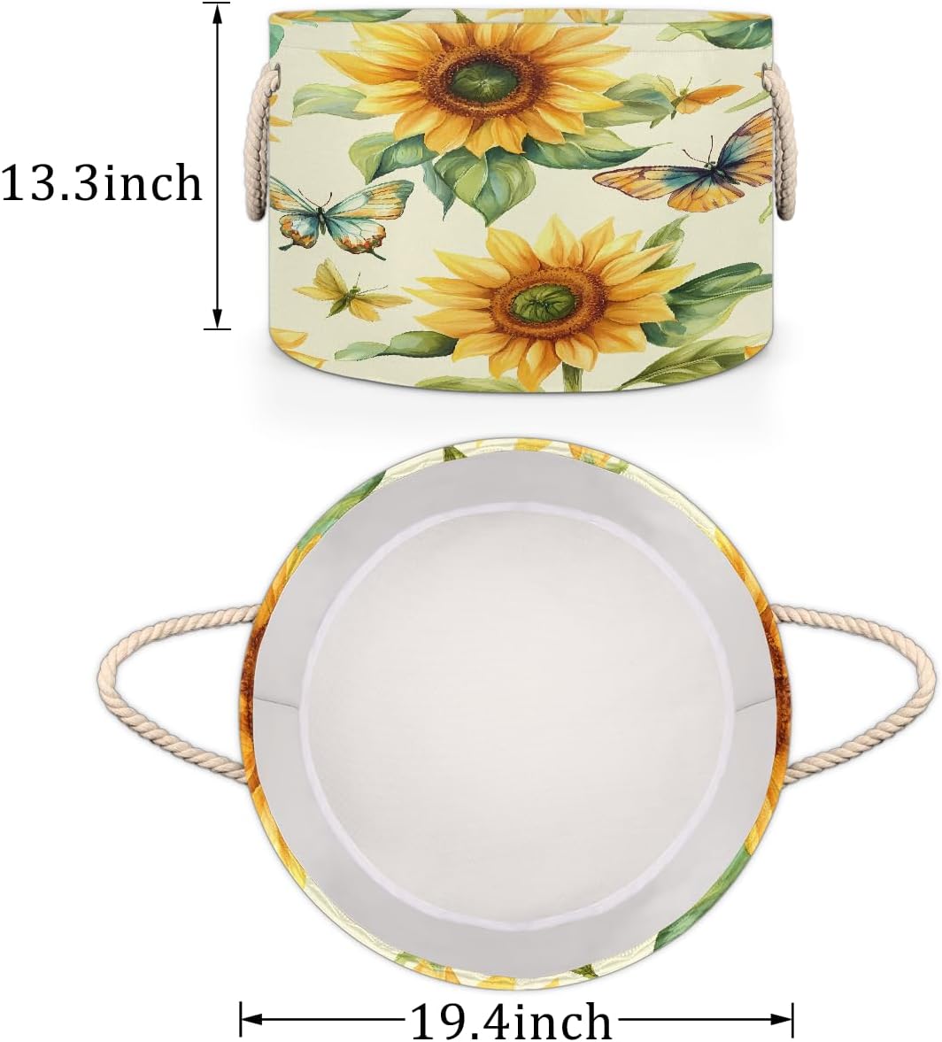 Vintage Sunflowers Butterflies Round Storage Basket Laundry Hamper Collapsible Laundry Basket with Handles Large Canvas Storage Bin for Clothes Toys Nursery Bedroom Closet Organizer