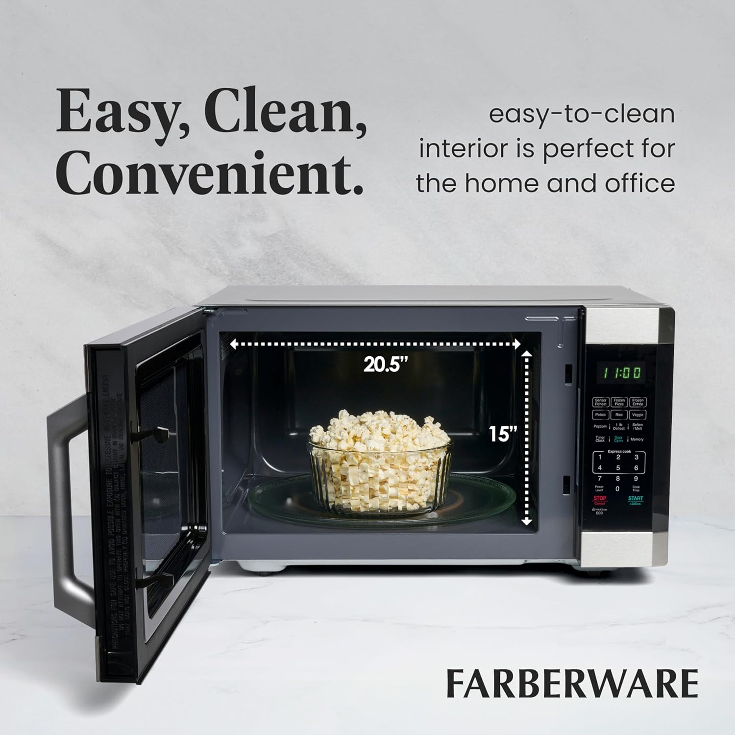 Farberware 1.6 Cu. Ft. Countertop Microwave Oven – 1100 Watts Power, Smart Sensor Auto Cook Settings, Defrost, Easy Clean and Child Safety Lock - Stainless