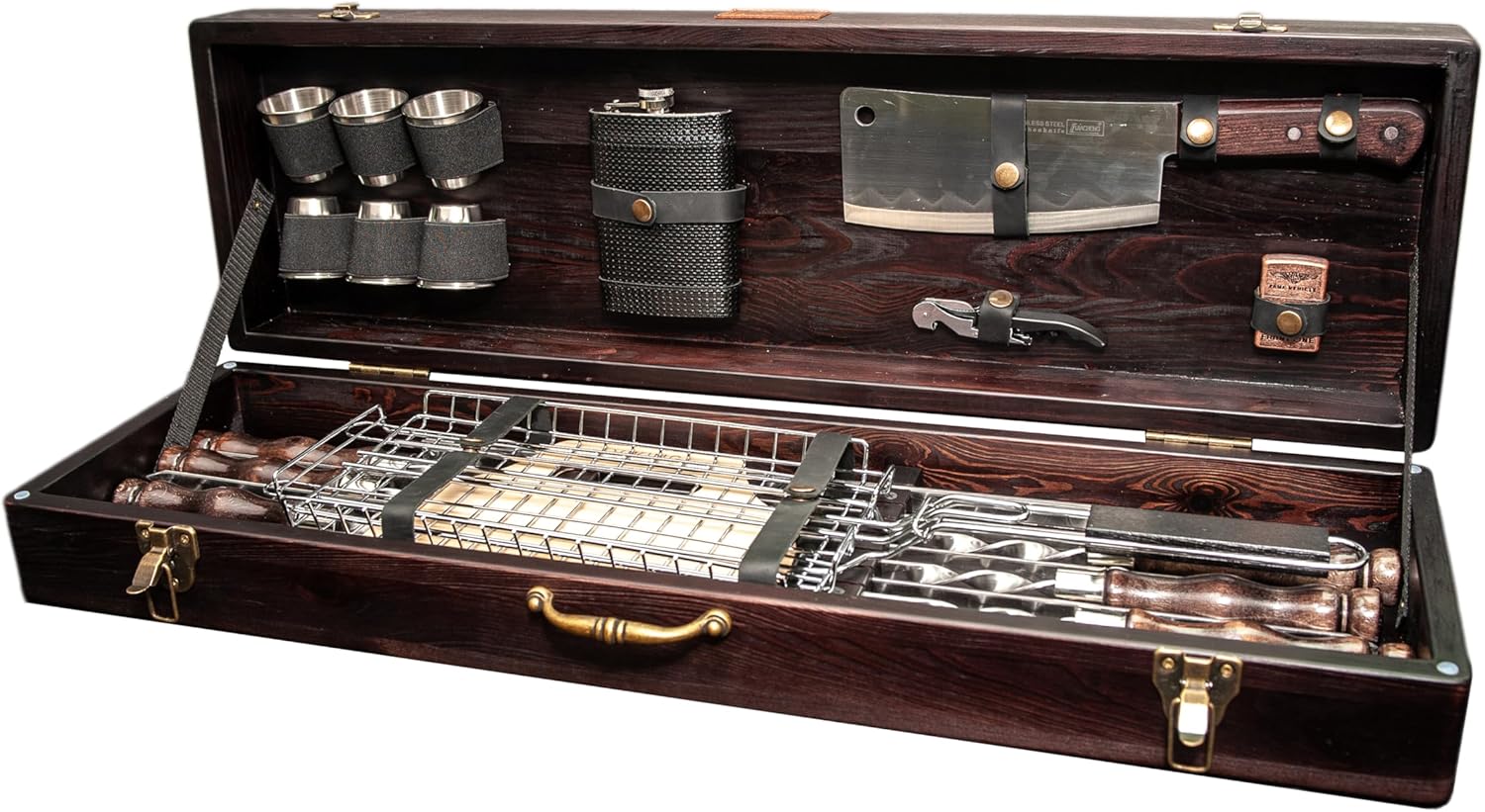 BBQ Set - Premium Barbecue Tool Sets - Grill Utensils Set - Outdoor Grilling Accessories - Brown Stainless Steel - Leopard Case