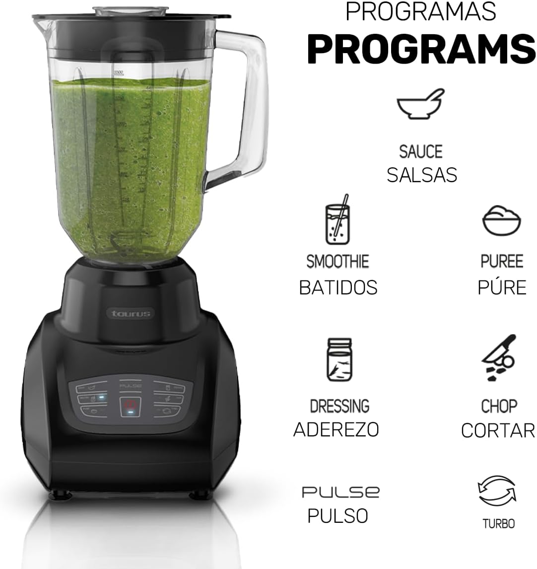 Taurus SEVILLA Countertop Blender | 48 oz Diamond Shaped Glass Jar | Touch Panel Controls with 6 Smart Pre Programmed Settings, 8 Speed Control & pulse function built-in | 550 watts