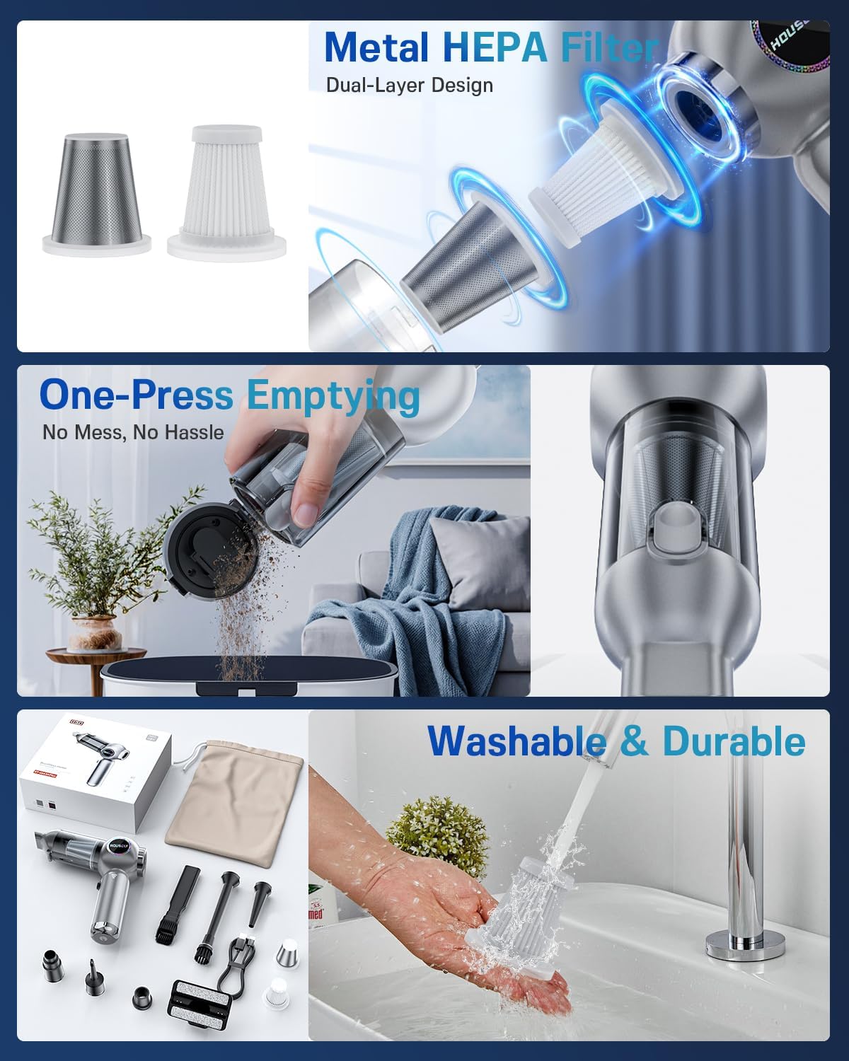 Handheld Car Vacuum Portable Cordless 25000Pa High Power Small Mini Hand Vacuum Cleaner Rechargeable 4-in-1 Compressed Air Duster Blower Pump Wireless Handheld Vac for Car Office Desktop Home Cleaning