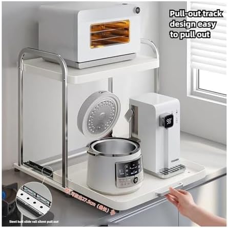 Pull-Out Microwave Oven Kitchen Shelf Free Standing Spice Storage Rack Electrical Appliances Shelves 2 Layers(Almond White 32cm)