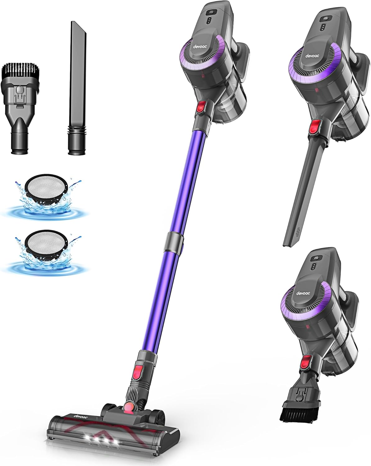 DEVOAC N300 Cordless Vacuum Cleaner, 6 in 1 Lightweight Stick Vacuum, 2200mAh Battery Up to 40mins Runtime, Powerful Handheld Vacuum for Hard Floor Rug Pet Hair Home Dorm (Purple)