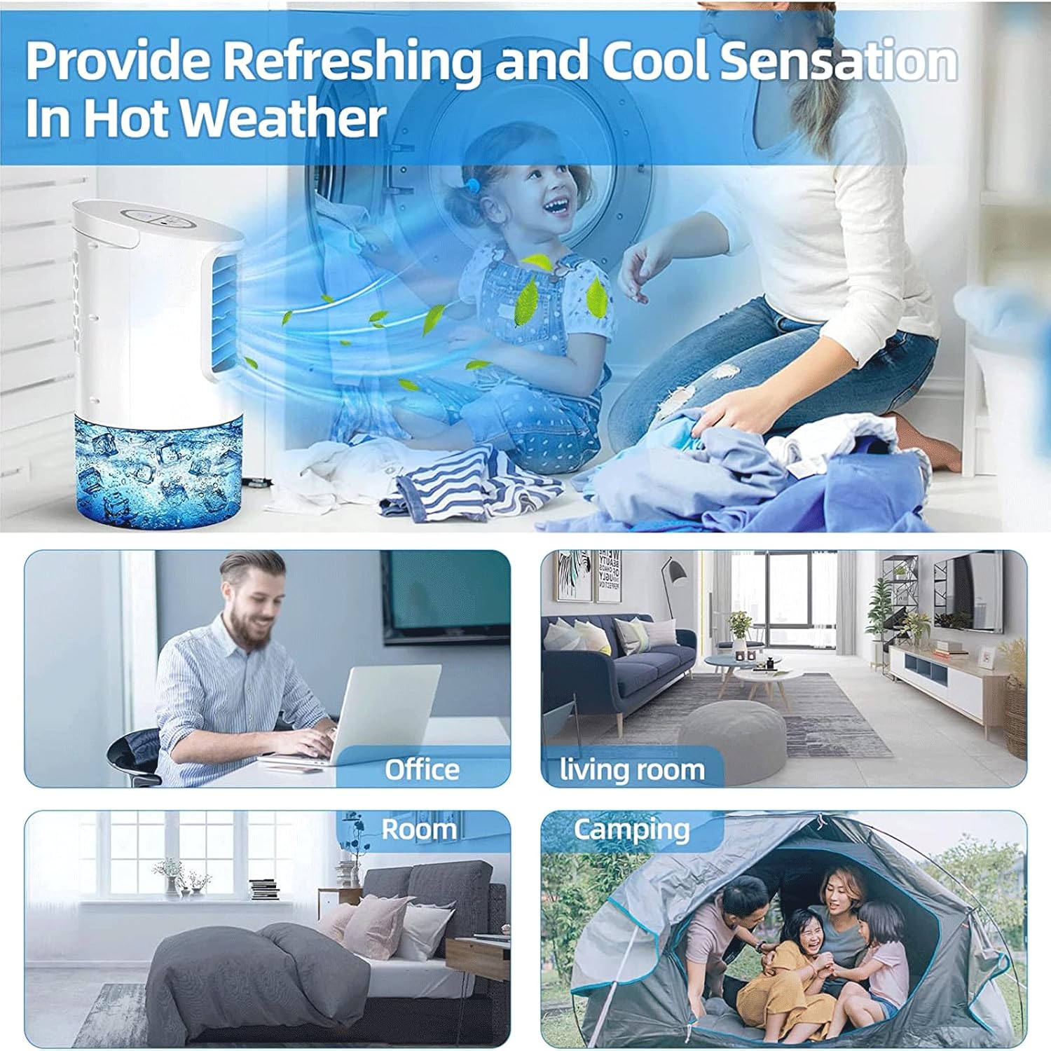 Personal Portable Air Conditioner - USB Cooler, Evaporative Mini Air Conditioner with 3 Speeds, 7 Colors Light Personal Air Conditioner, 400ml Water Tank Evaporative for Room Office Desk