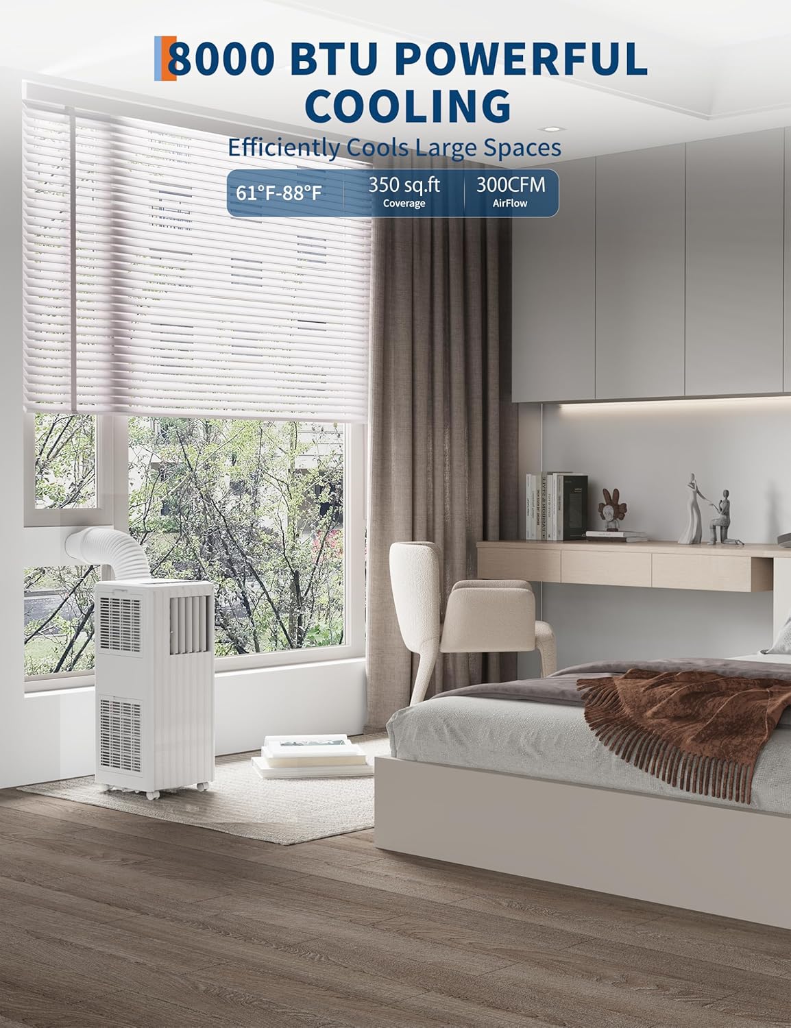 8000 BTU Portable Air Conditioner, 3-In-1 AC Unit with Cooling, Fan, Dehumidifier, Remote Control, Quiet Operation, Sleep Mode, for Small Rooms, Apartments, Window Kit Installation, White