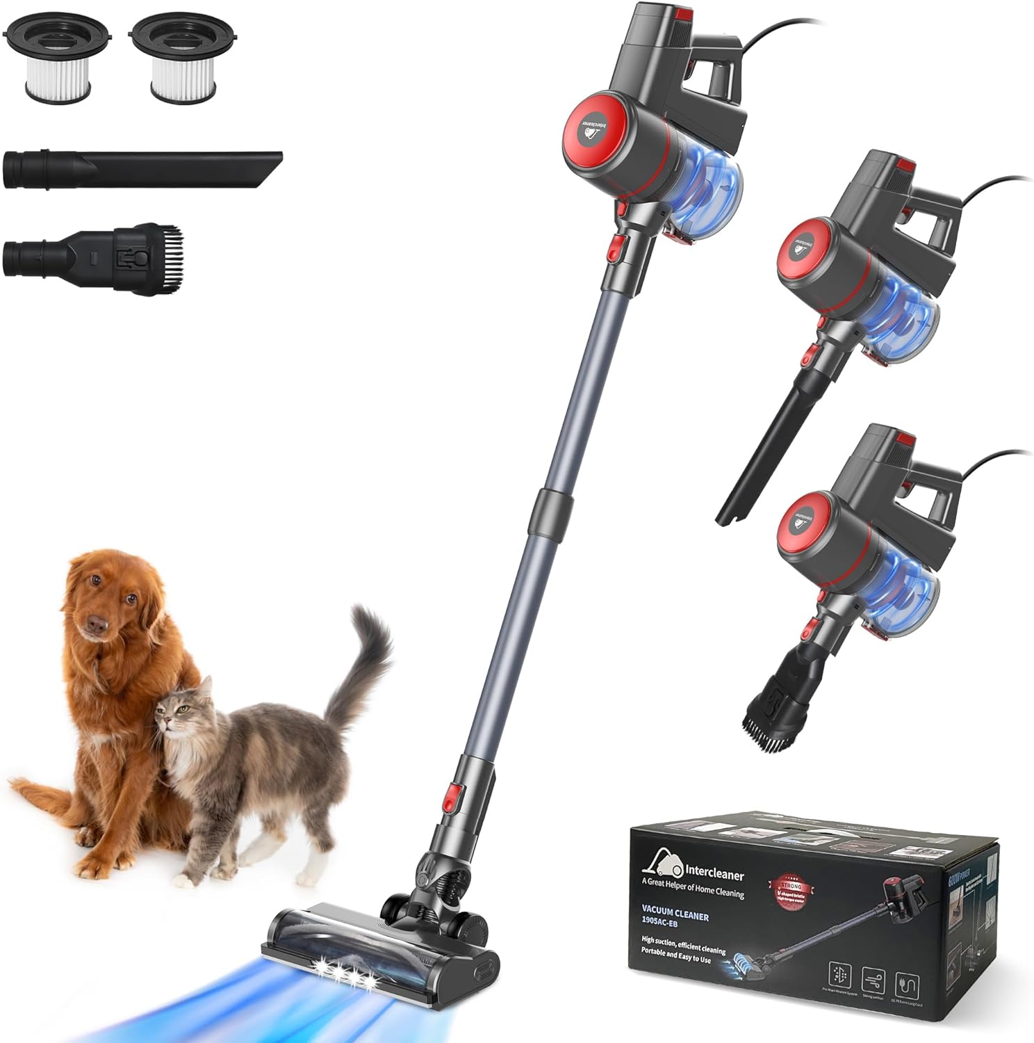 Intercleaner Corded Vacuum Cleaner, 20KPa Powerful Suction with 600W Motor Electric Floor Brush, Lightweight 4 in 1 Bagless Stick Vac with Handheld, for Hardwood Floor Carpet Car Pet Hair